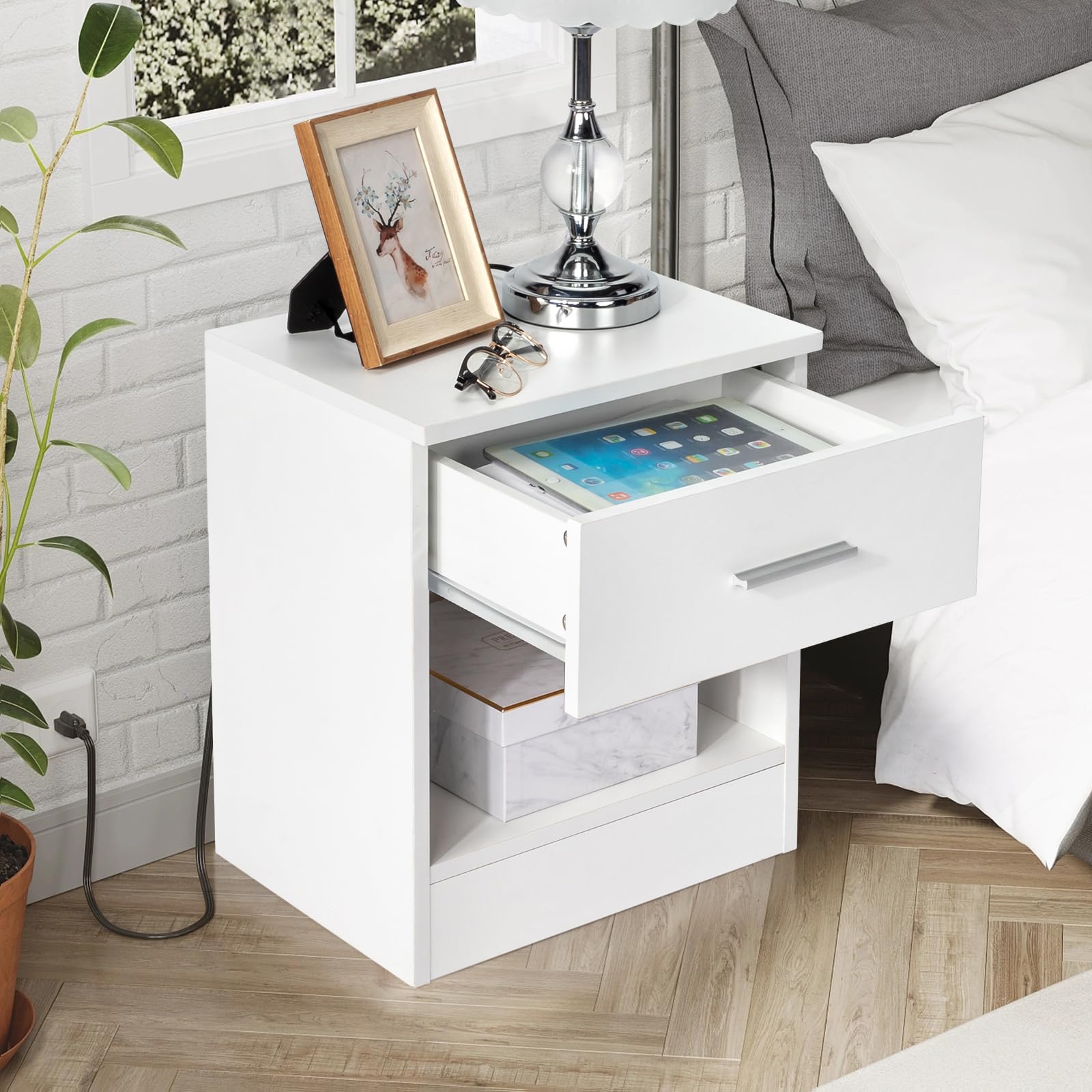 Nachttisch 2er Set Nachtschrank Schlichter Beistelltisch Kommode mit 1 offenem Fach und 1 Schublade 39 x 29 x 41 cm (2, Weiß)