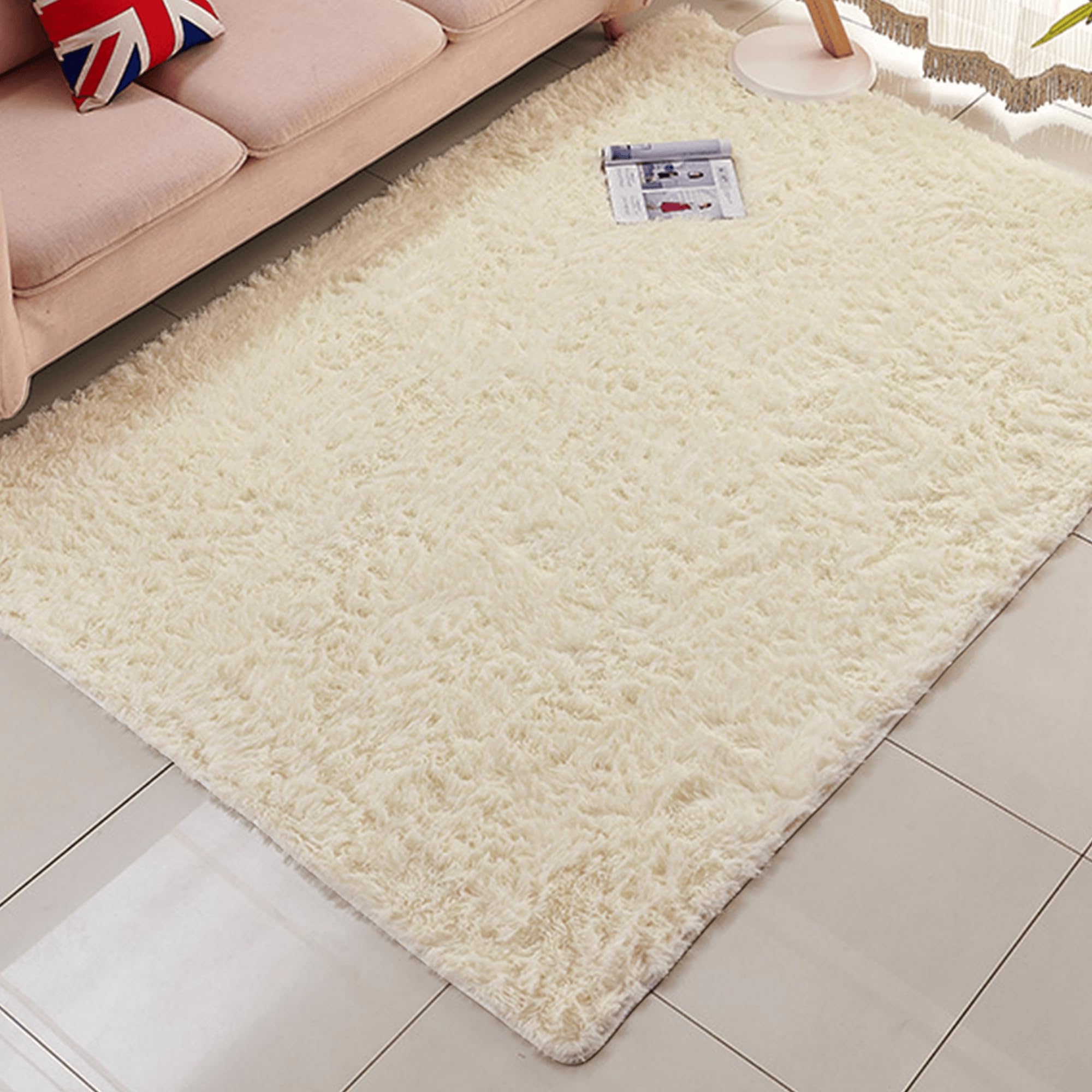 Moderner Hochflor 120 x 160 cm Extra Weich Schlafzimmer Fellteppich Uni Seidenglanz Flauschig für Schlafzimmer Kinderzimmer, Bettvorleger Matte, Creme Farben