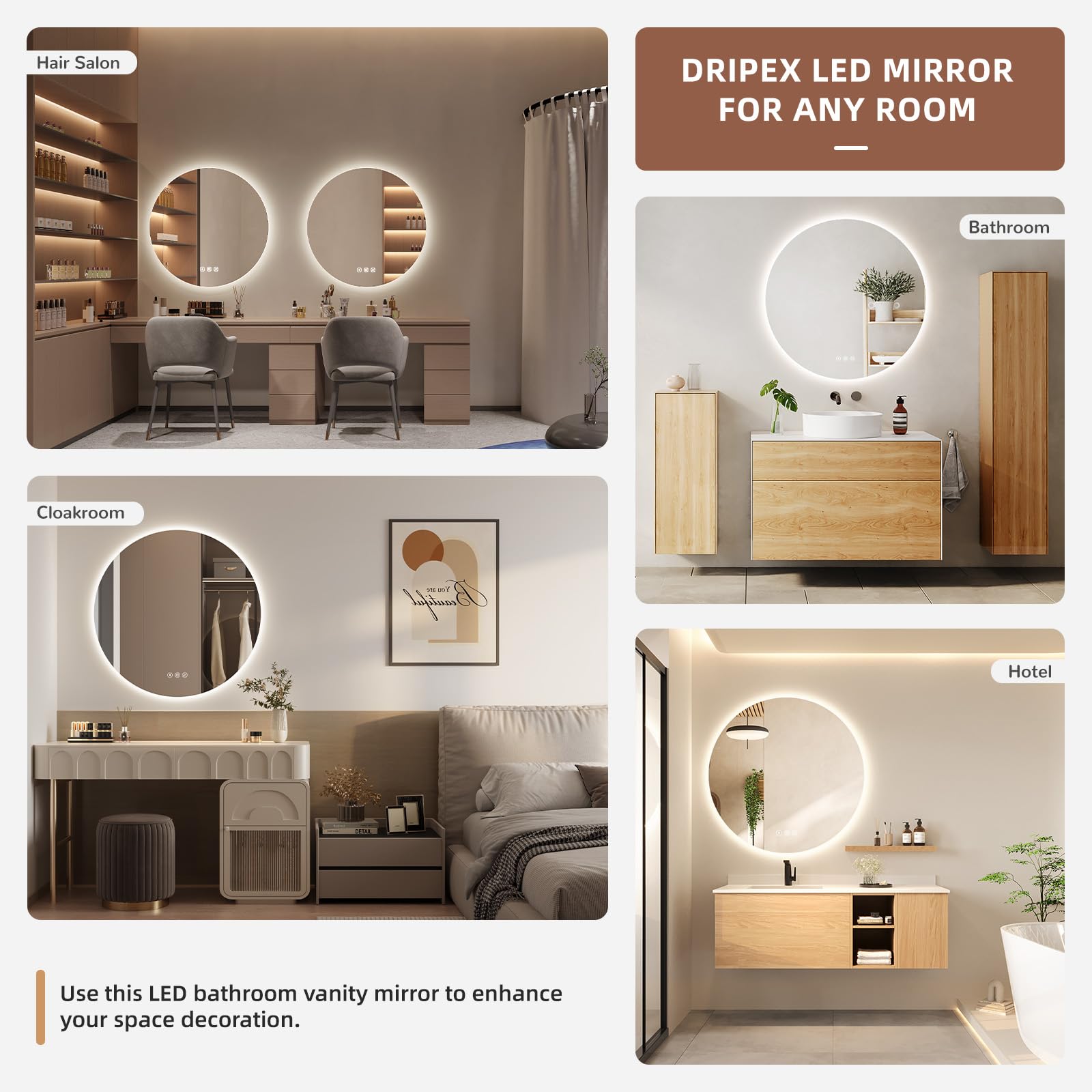 Dripex Miroir Salle de Bain 70cm, Miroir LED Rond Anti-buée, 3 Couleurs, Dimmable, Interrupteur Tactile