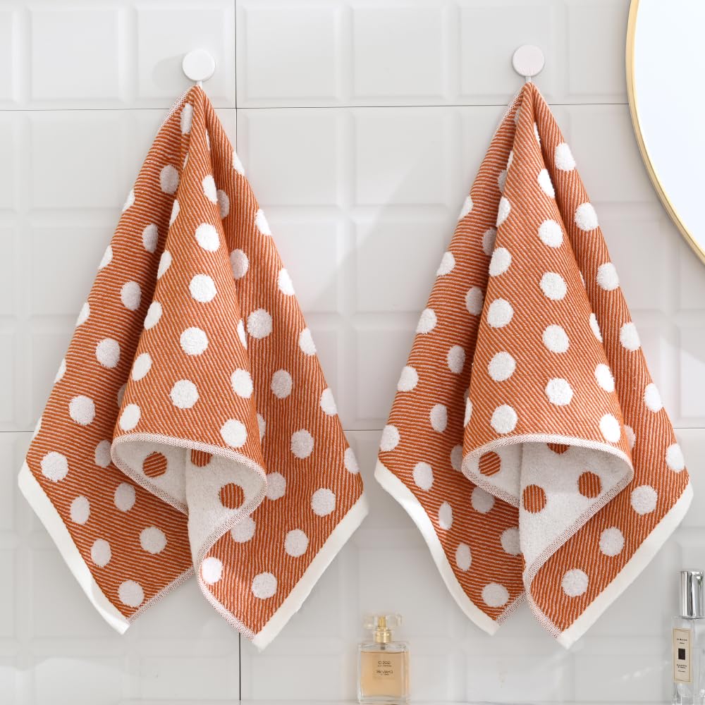 sense gnosis Orange Hand Towel Set of 2 Super Soft 100% Cotton Absorbent Jacquard Striped Pattren Lint Free White Terry Polka Dot Bath Hand Towels for Bathroom Yogo - Image 3