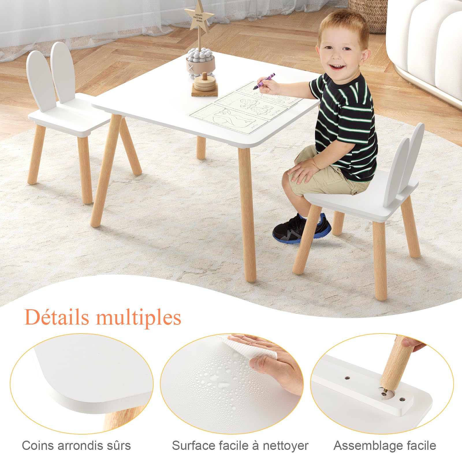 LIFEZEAL Ensemble de Table et Chaise pour Enfants 3-6 Ans, Table Enfant avec 2 Chaises en Bois, Chaise avec Dossier en Forme de Lapin, Charge de 20/40 KG, Table de Jeux 60x60x43 CM (Blanc)