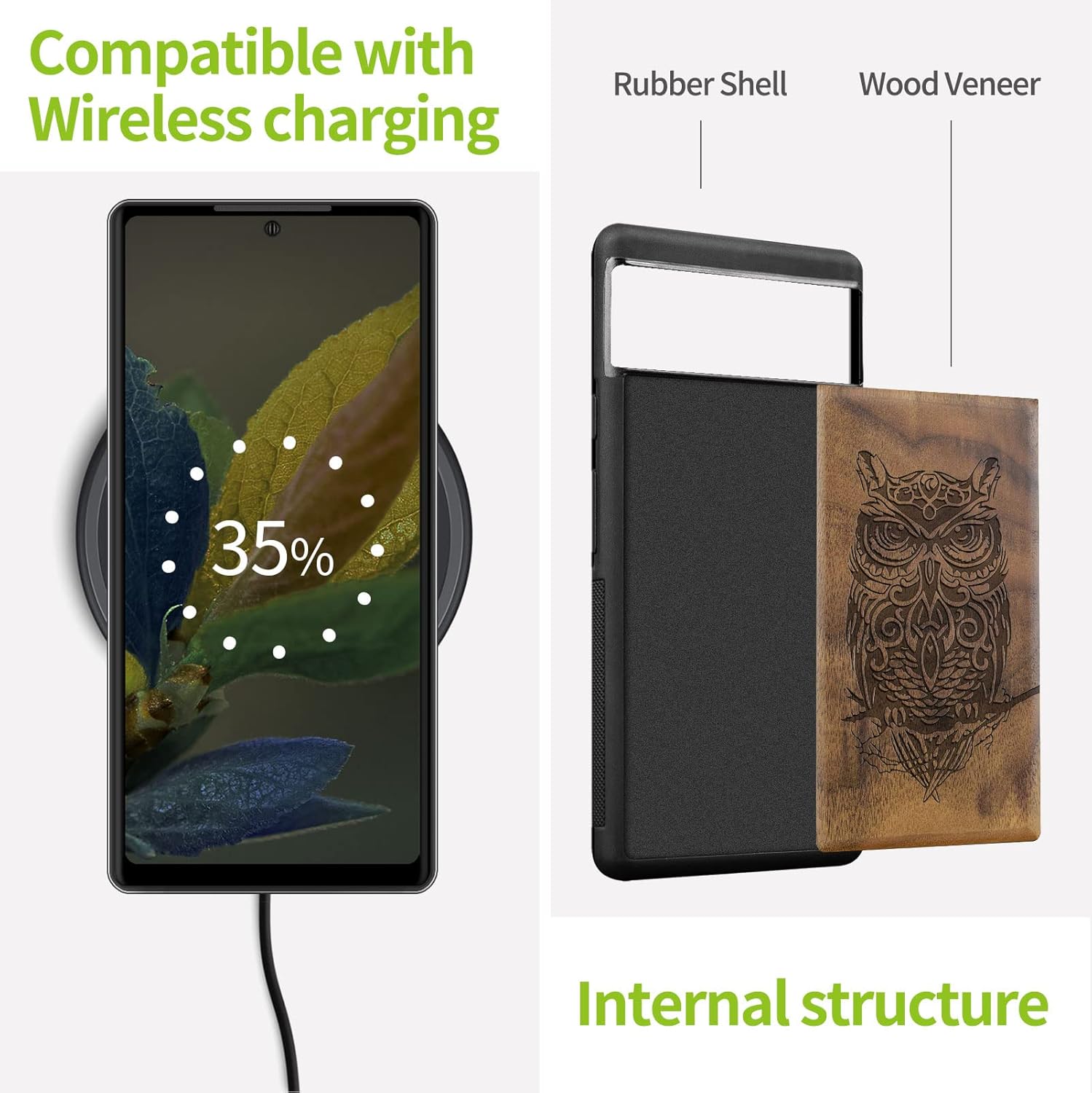 Carveit Wood Case for Pixel 6a Case [Natural Wood & Black Soft TPU] Shockproof Protective Unique & Classy Wooden Cover Compatible with Google Pixel 6a (Owl Carving-Walnut)