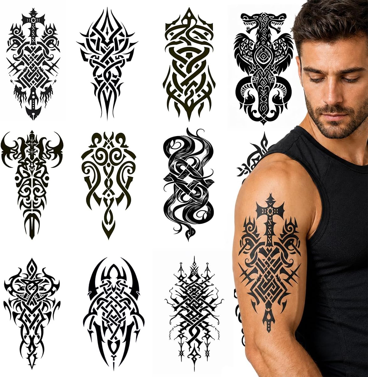 Large Temporary Tattoos for Men Women 12 Sheets Fake Tribal Tattoo Stickers Realistic