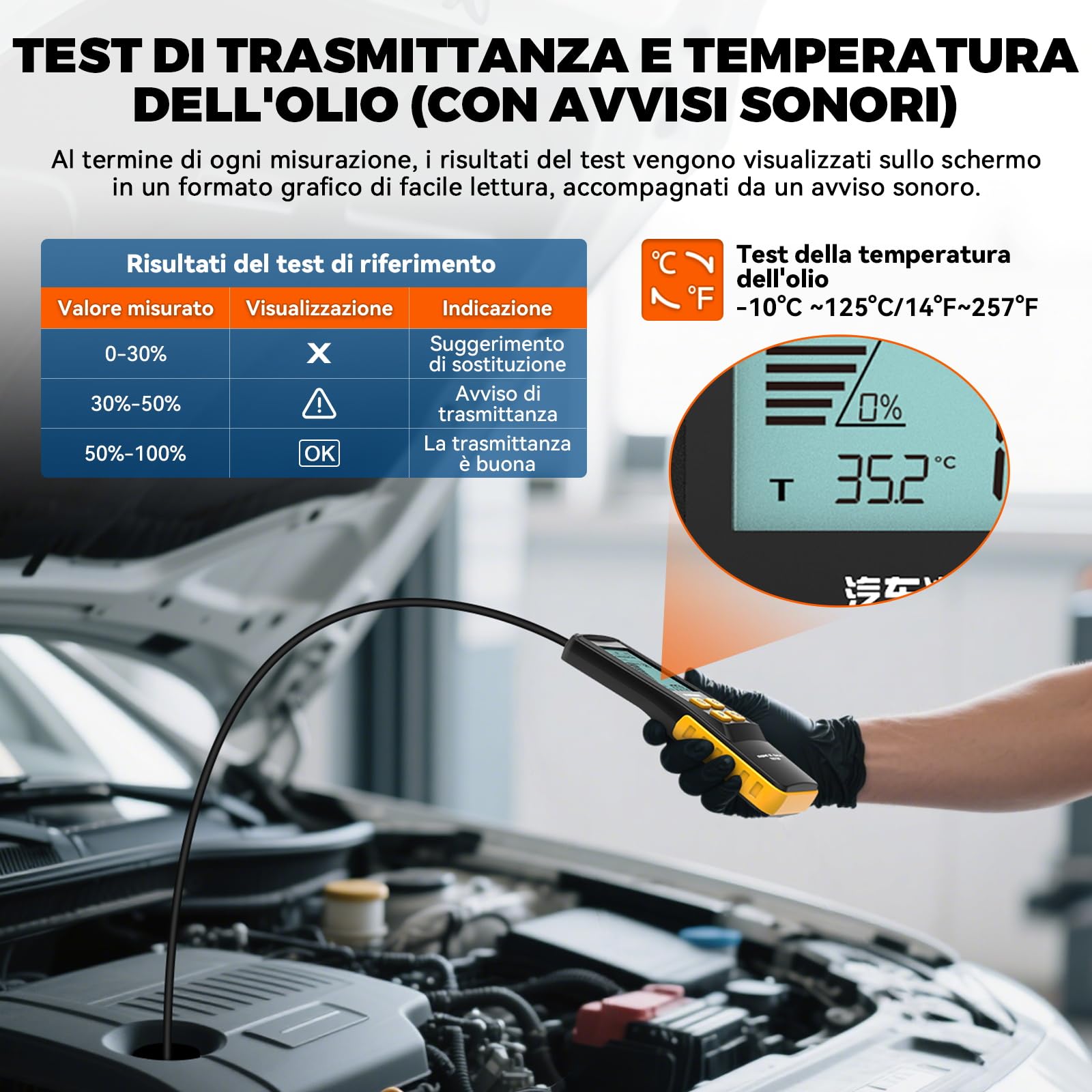 Tester per Olio Motore, Tester per la Qualità dell'olio Motore a Benzina e Diesel, con Sonda ad Alta Precisione, Rilevatore di Trasmittanza e Temperatura