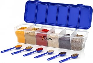 RILION Multipurpose 6-in-1 Masala Box for Kitchen| Airtight BPA-Free Plastic 6 Section Storage Container with 6 Spoons, 1800 ml Transparent Pickle Box for Spices| Dry Fruits, Snacks Pack Of 1 Blue