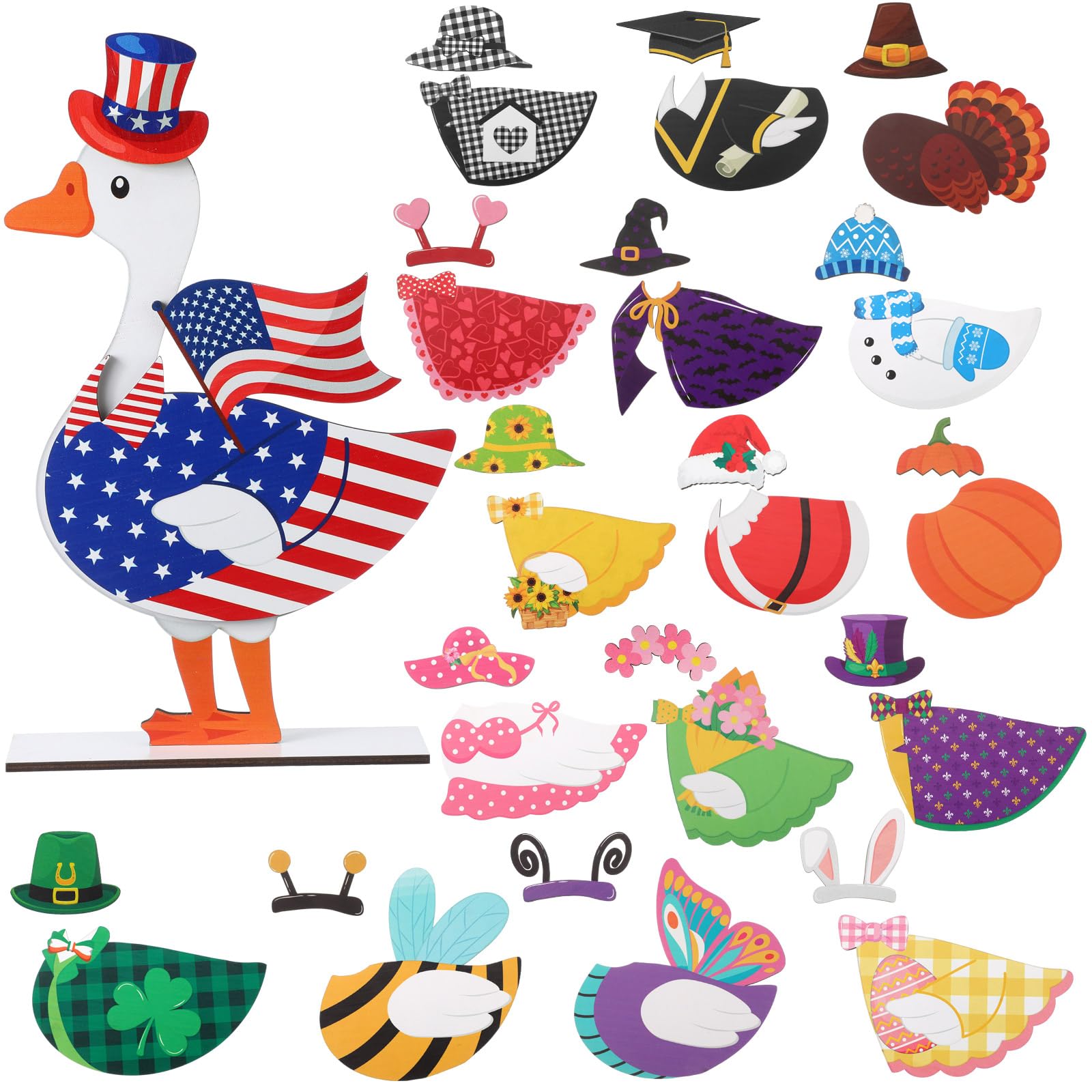 GlikCeil 35 Pcs Holiday Interchangeable Wooden Goose Decor with Magnet Patriotic Independence Day Goose Sign DIY Spring Season 4th of July Decorations