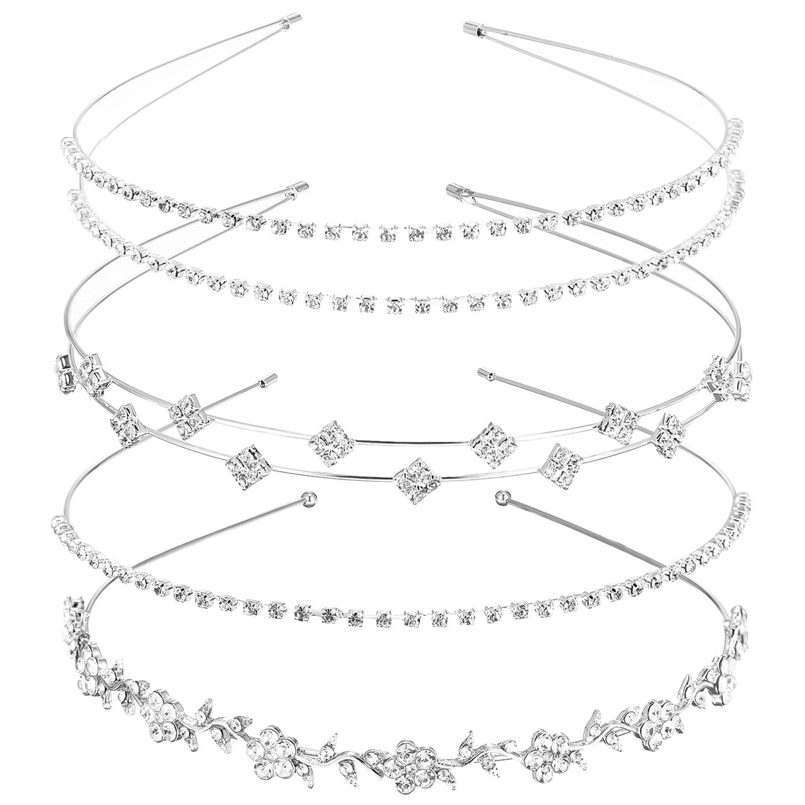 Nogeqi 4PCS Silver Rhinestone Headband for Women Diamond Crystal Headband for Wedding Bride Glitter Flower Leaves Prom Rhinestone Headpiece Hair Accessories for Women Girls