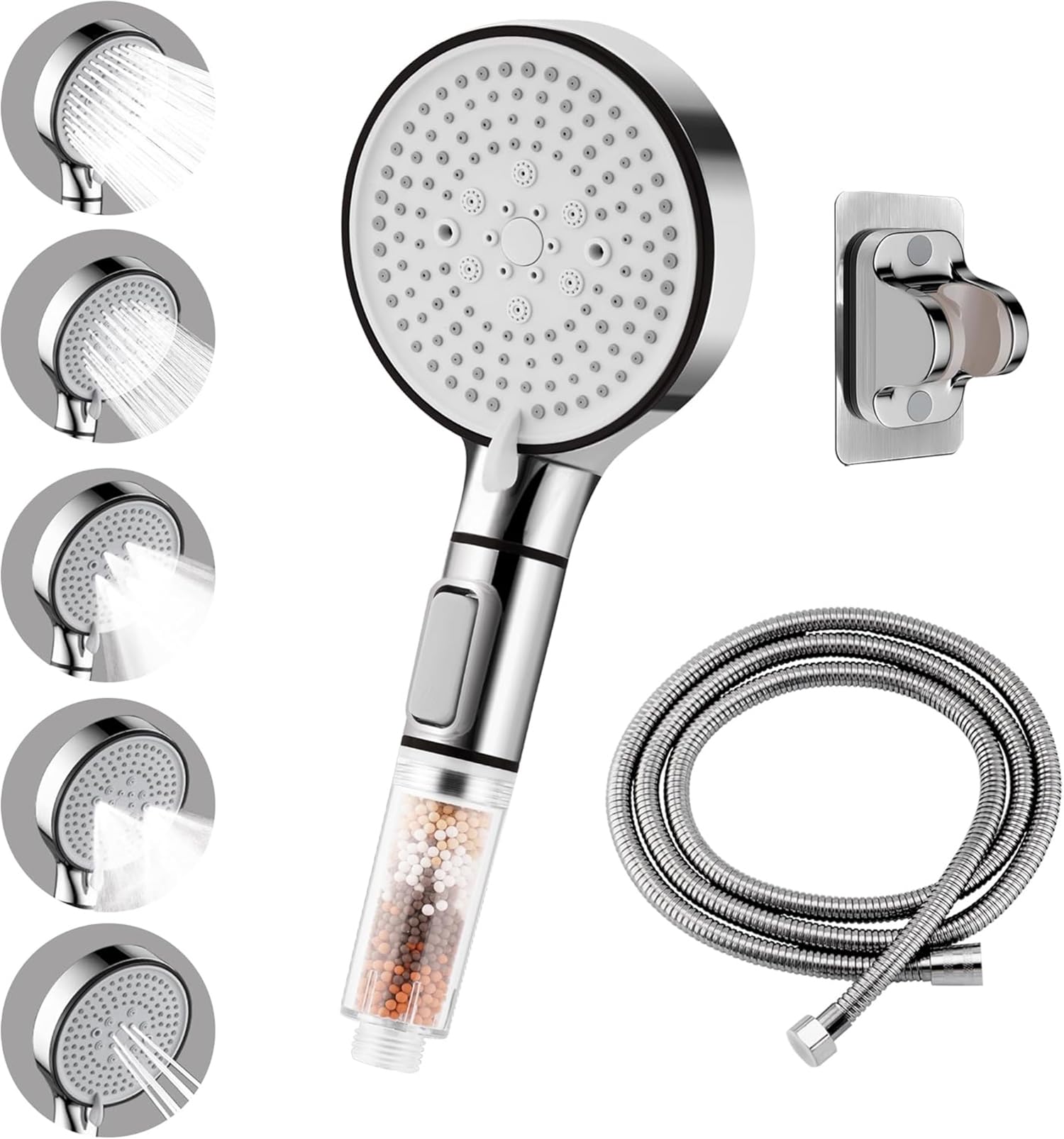 KASTWAVE Shower Head for Hard Water, Saving Ionic Filter High Pressure Large Panel Handheld Showerhead with 5 Spray Modes and ON/Off Stop Button for Non-Electric Showers Only (Silver)