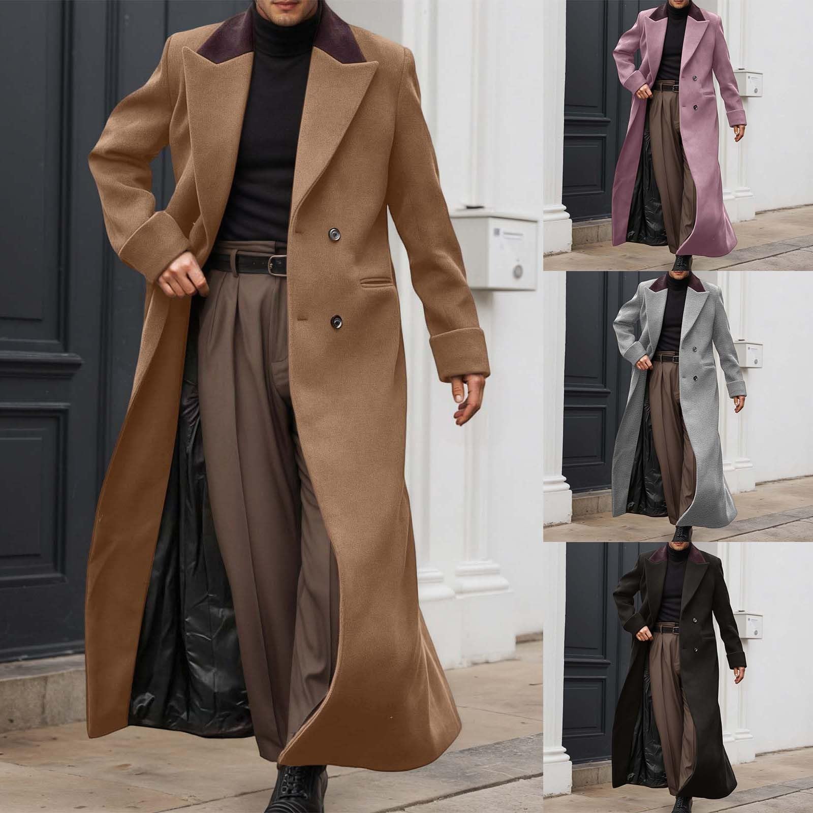 Generisch Chaqueta de invierno larga para hombre, con doble botonadura, diseño clásico, tweed, chaqueta de trabajo, elegante, monocolor, cortavientos, cuello reversible, chaqueta softshell