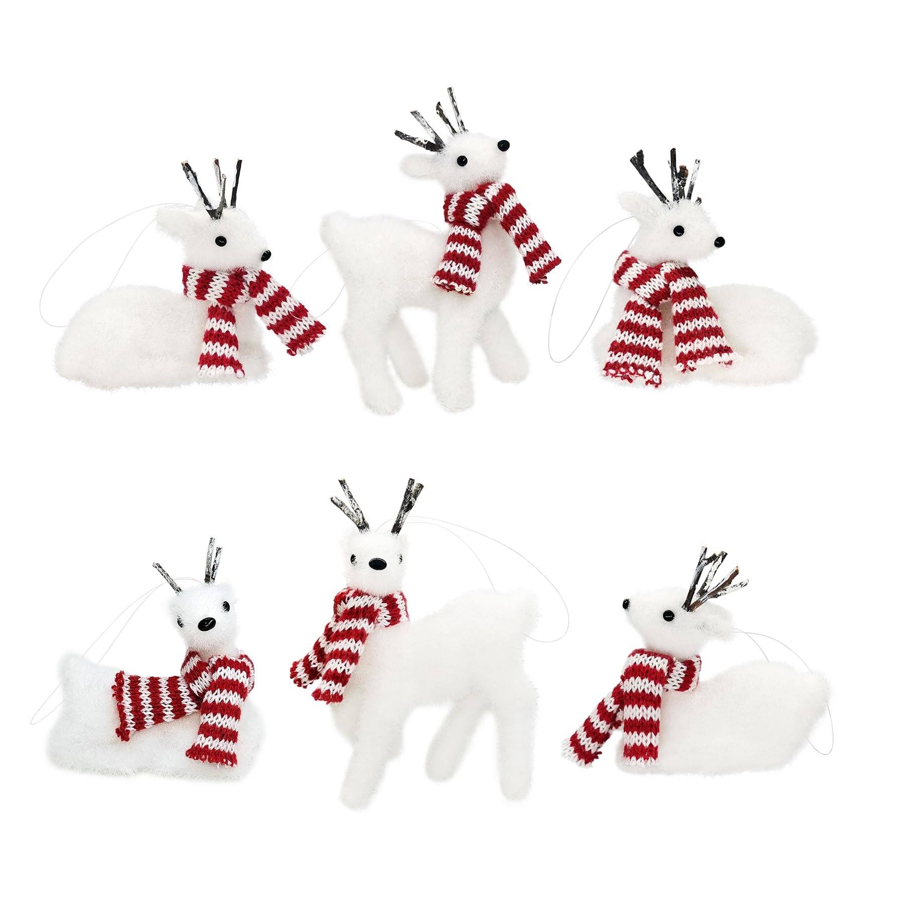 Nature Vibe White Reindeer Ornaments, Set of 6 Cute Deer with Scarf for Christmas Tree Ornament, Woodland Animals Figurines as Reindeer Christmas Decoration,Gifts for Festival