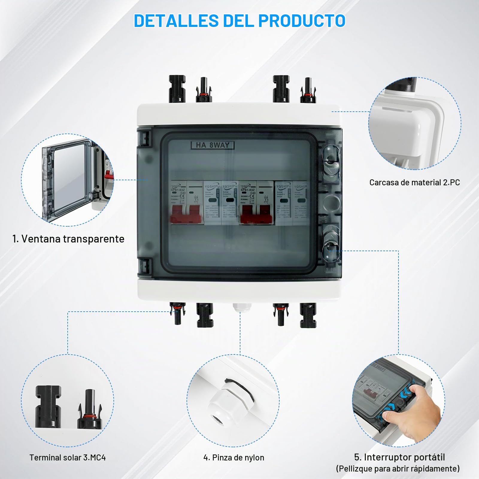 Protección Contra Sobretensiones Fotovoltaica, Disyuntor CC 40 A/500V | Disyuntor de Protección contra Rayos(2 In 2 Out), Caja de Conexión Solar Fotovoltaica IP65 a Prueba de Agua