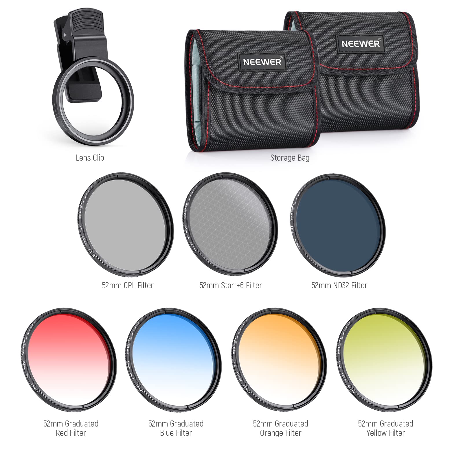 NEEWER Zestaw filtrów efektów 52 mm ND+CPL + z zaciskiem obiektywu telefonu komórkowego, ND32/polaryzacyjny/ 6-punktowy / 4 stopniowane filtry kolorów, kompatybilny z 16 15 14 Pro Max Plus 13 12 11