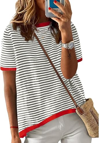Summer Tops for Women Casual Crewneck Short Sleeve Shirts Striped Color Block Knitted T Shirt Trendy Going Out Tops