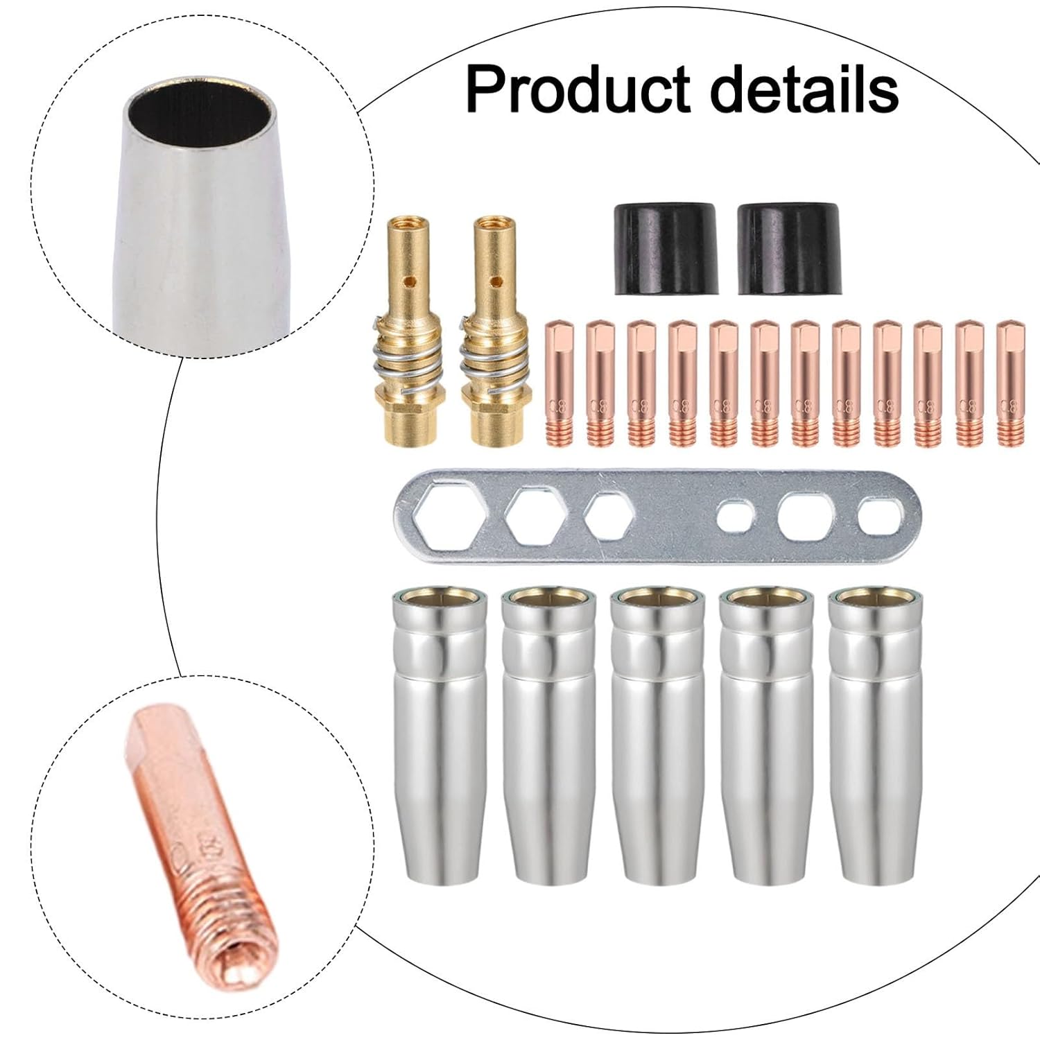 22PCS MIG Welding Accessories Set for 15AK MAG Torch 0.8mm Power Nozzles Conical Gas Holder Diffusers Insulators Wrench Compatible with AK15 MB-15