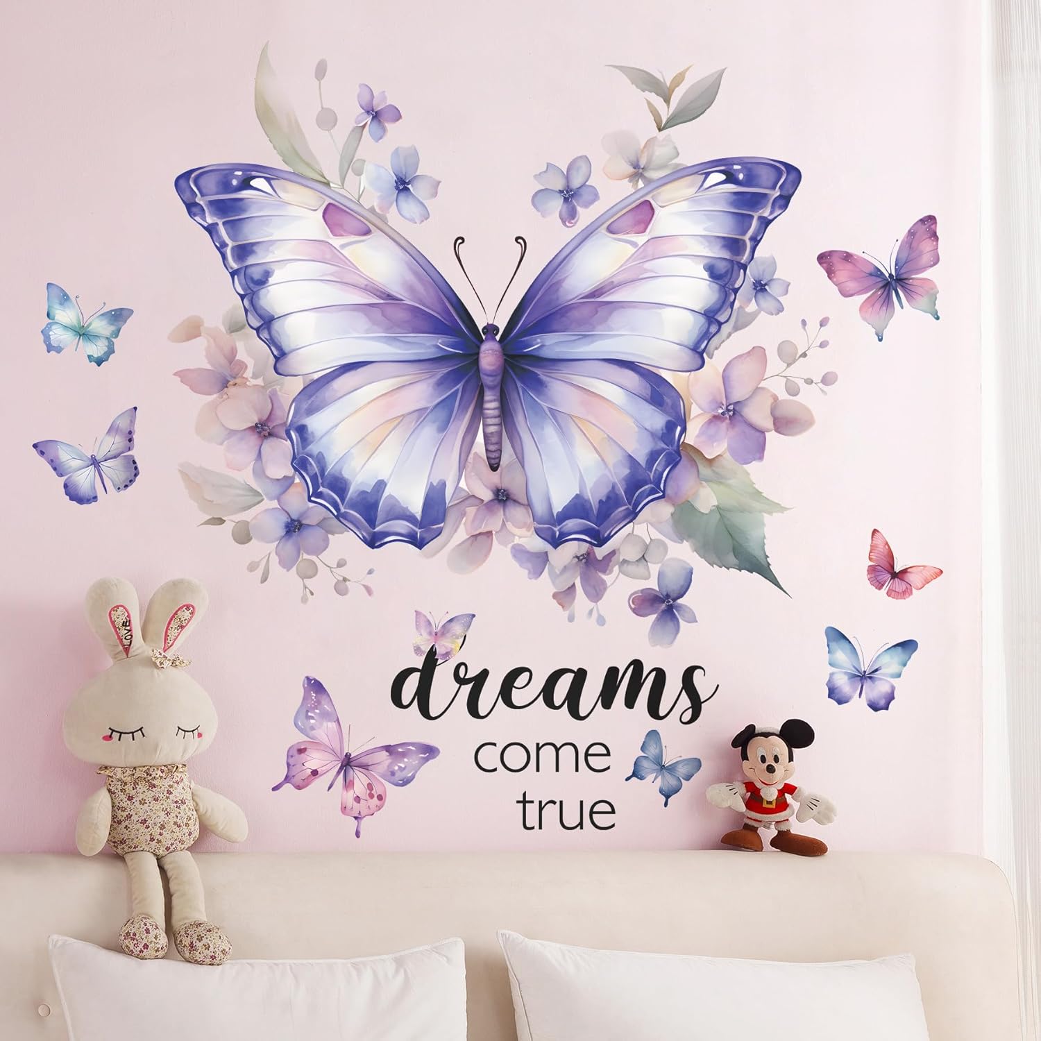 Purple Butterfly Wall Decals Removable Butterfly Flower Wall Stickers Peel and Stick Butterflies Wall Decor Stickers for Kids Girls Bedroom Nursery Bathroom Decorations VA-G006