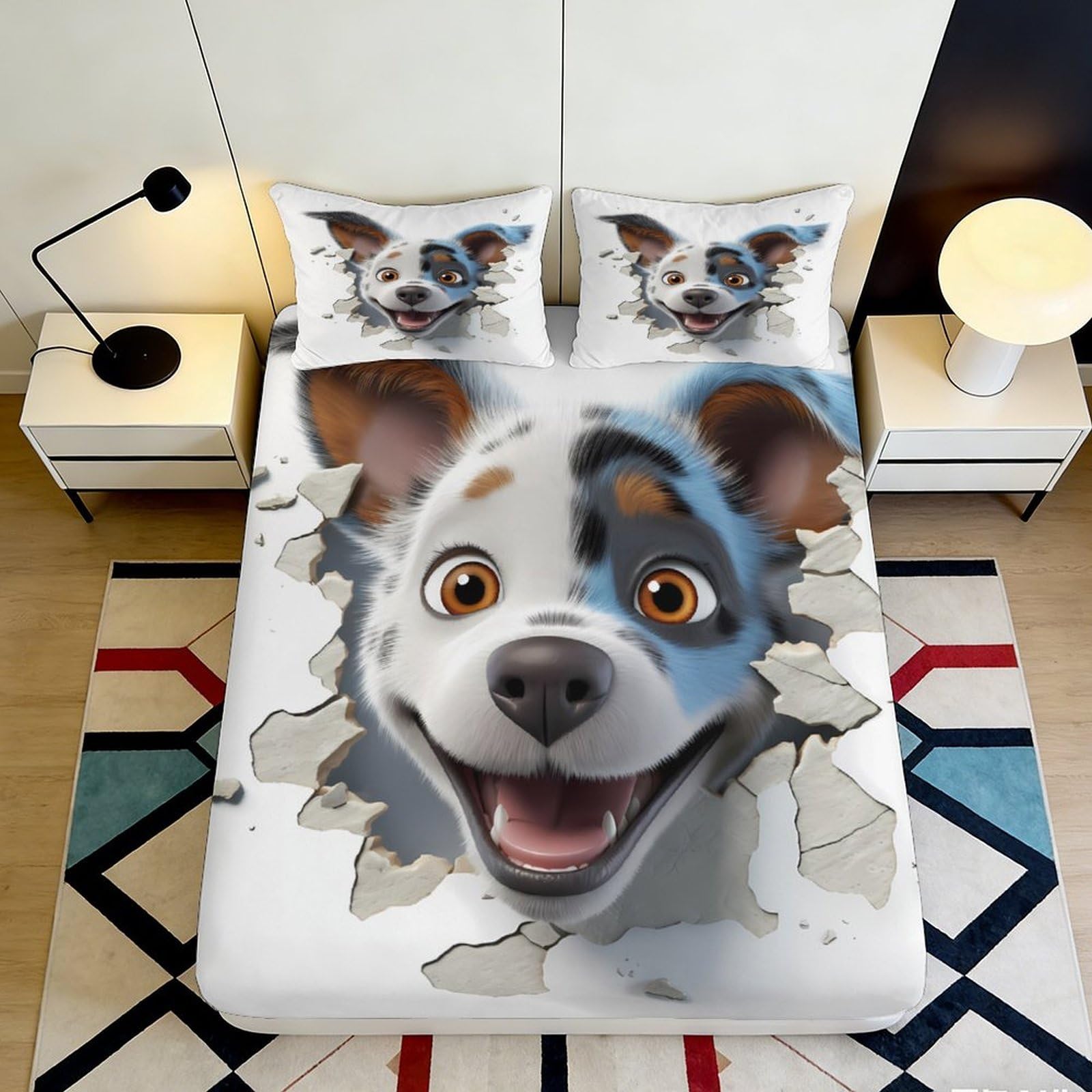 3D Printed Cartoon Dog Fitted Sheet Microfiber Soft Breathable 3D Printed Happy Puppy Mattress Cover for Bedroom Dormitory Guest Room Mattress Protection 140x200x25cm