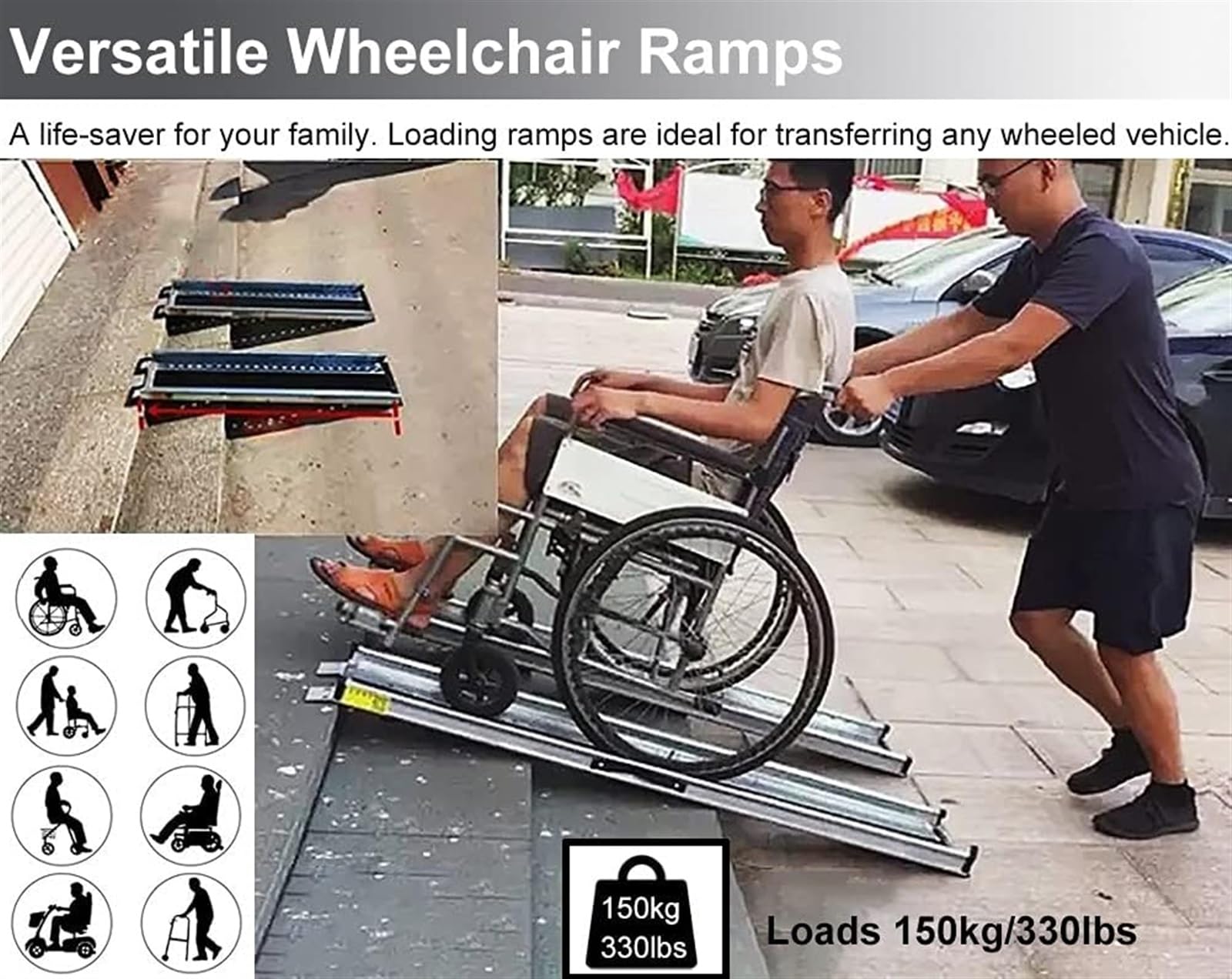 Rampa per sedia a rotelle, 1,5 m/1,2 m/0,9 m/0,6 m di lunghezza, rampa antiscivolo per porte e gradini, rampa per soglia di accesso alla mobilità per casa/scale/scooter, carico 150 kg (100 cm)