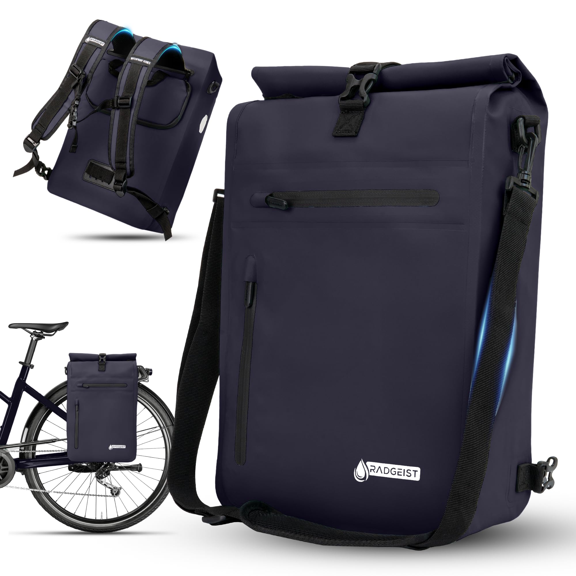 RADGEIST 3-in-1 Bicycle Bag for Pannier Rack - Pannier Rack Bag Waterproof, Extra Robust with Quick Suspension - Bicycle Bag Backpack (25 Litres) - Bicycle Backpack (Navy Blue)