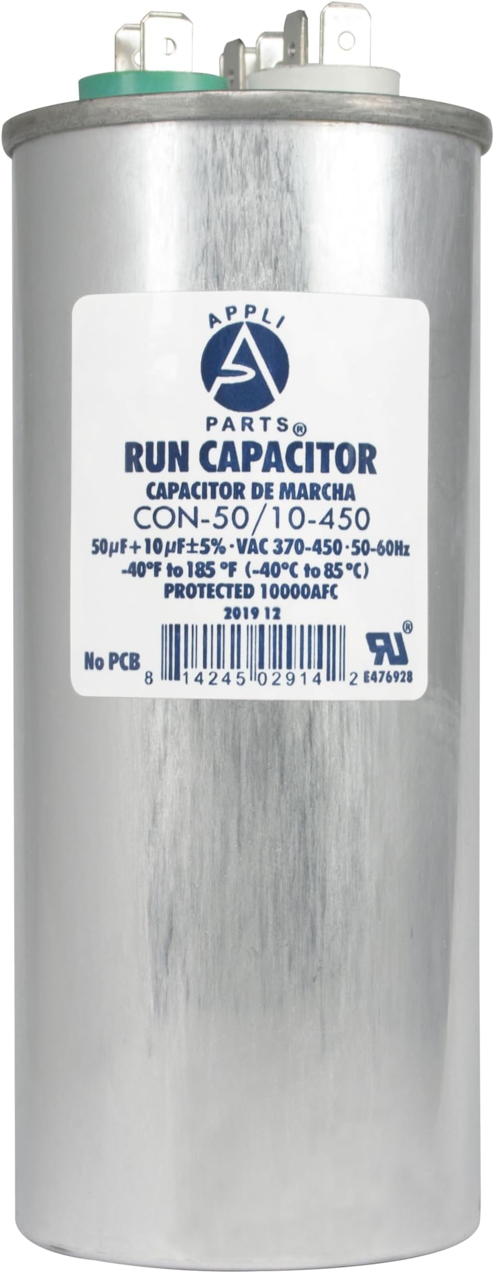 Appli Parts Dual Run Capacitor for ac 50+10 Mfd uF (microfarads) 370VAC or 450VAC CBB65 Round Universal fit for hvac and other applications 5-5/8 in High 2-1/8 in Wide CON-50/10-450
