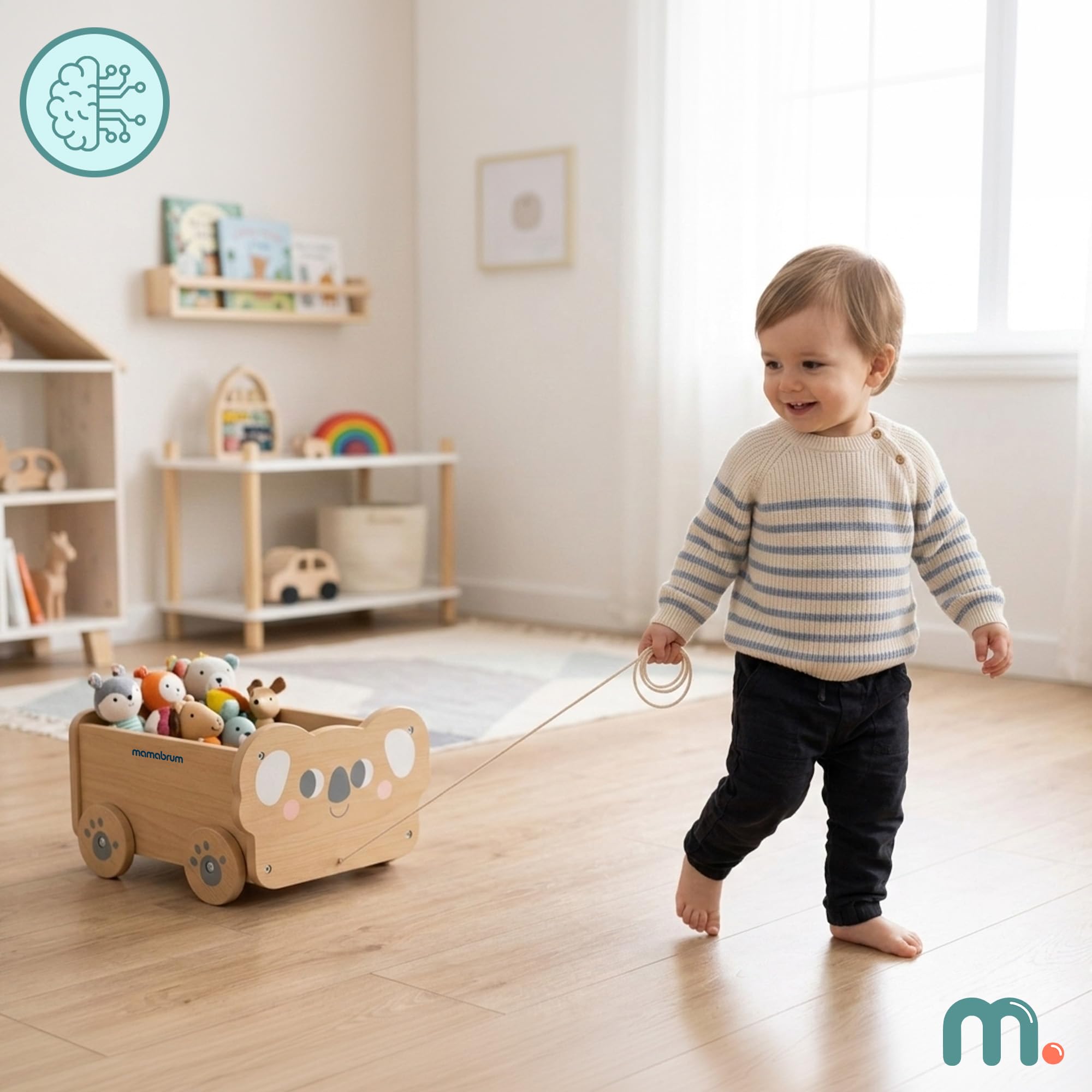 Mamabrum Carrito de Madera Koala para Niños con Cuerda, Juguete de Arrastre con Espacio de Almacenaje 5,54 l, Carro Infantil Educativo para Juego Diario