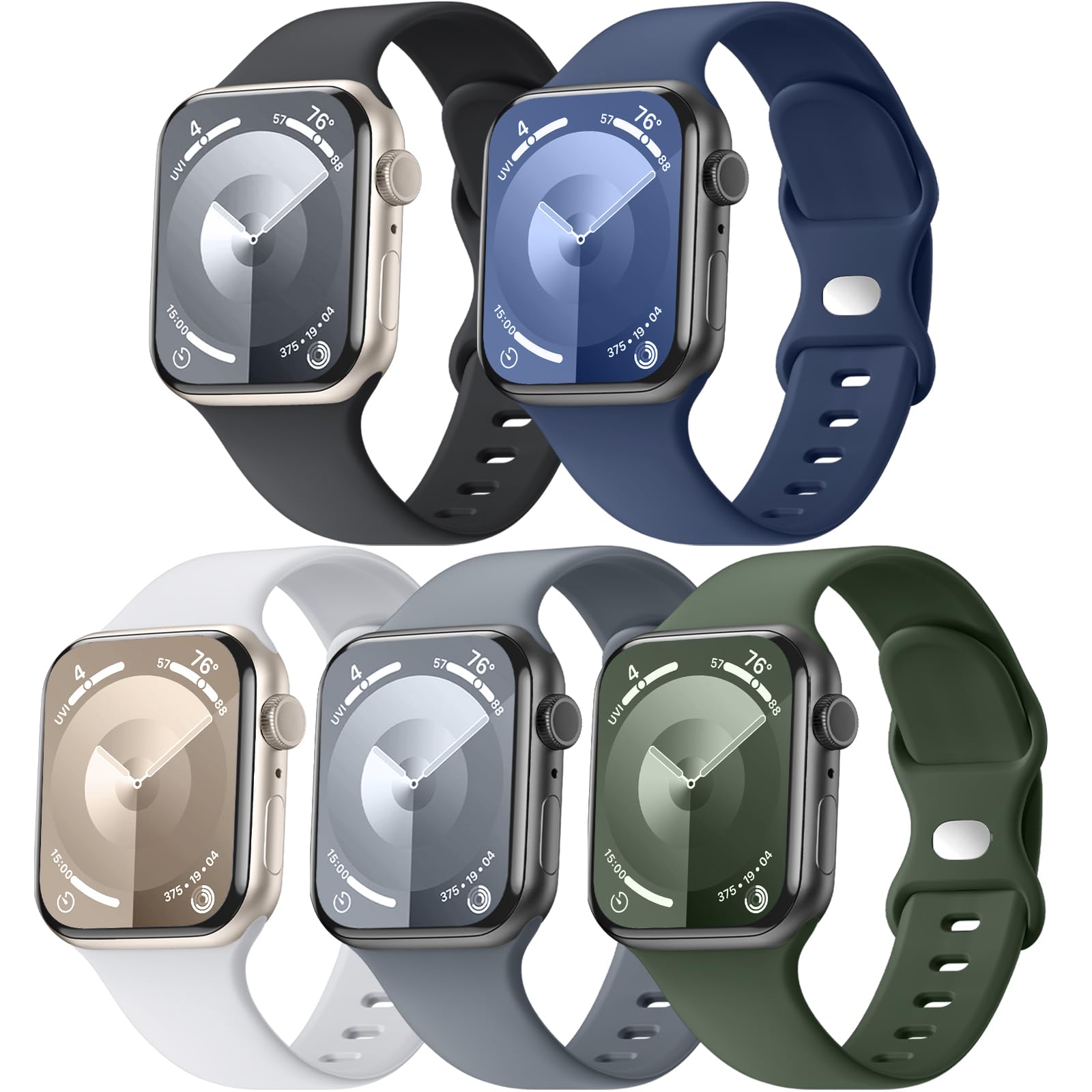 5 Pack Soft Silicone Bands - Compatible with Apple Watch Ultra 2 & Ultra Band 49mm 45mm 44mm 42mm 41mm 40mm 38mm for Men Women, Breathable Sport Strap Band for Ultra 2 iWatch Series 9 8 7 6 SE 5 4 3 2