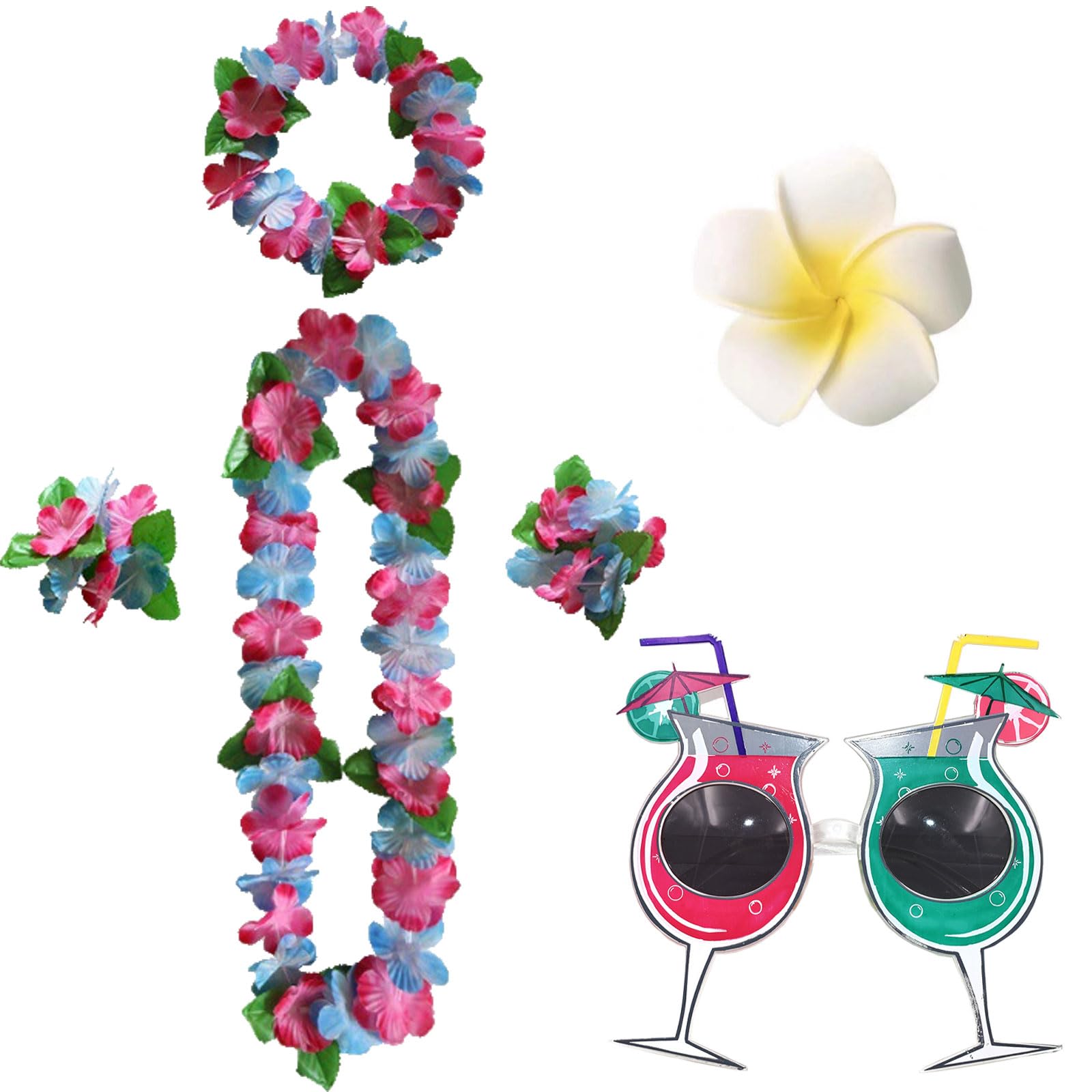 MUNSKT 6 Pcs Hawaiian Wreath Set, Cocktail Shape Sunglasses + Tropical Garland Accessories + Hair Clip
