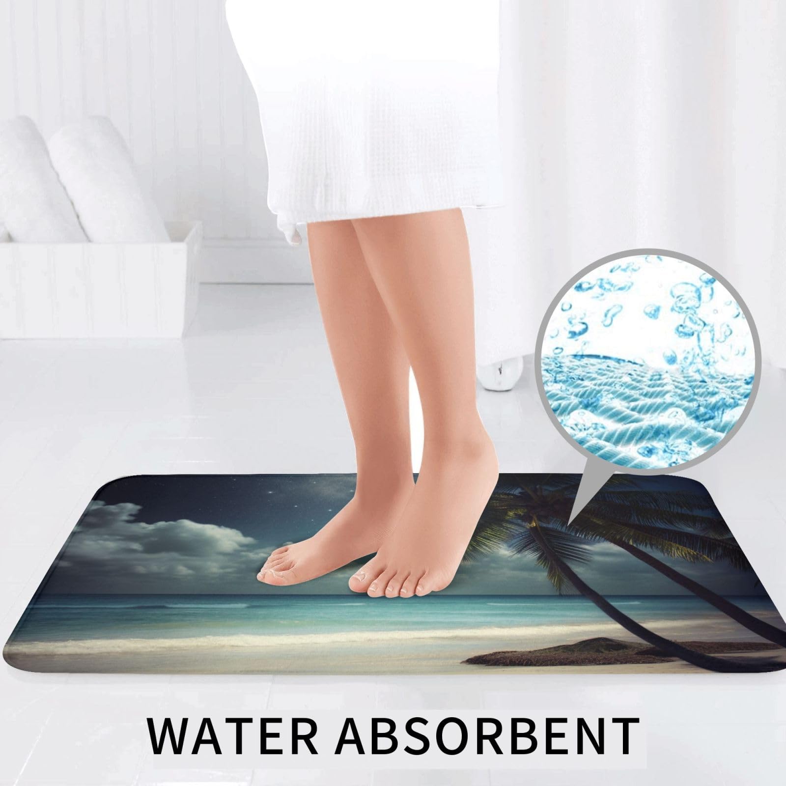 Lot de 3 tapis de bain antidérapants et absorbants en flanelle, motif plage tropicale, palmier, pleine lune, tapis de bain, tapis de contour et housse pour abattant WC