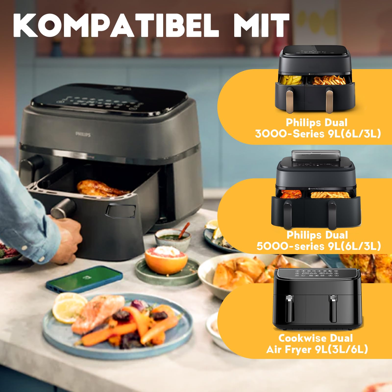 Airfryer Zubehör für Philips Dual Basket 3000-Serie, 9L (NA350/352