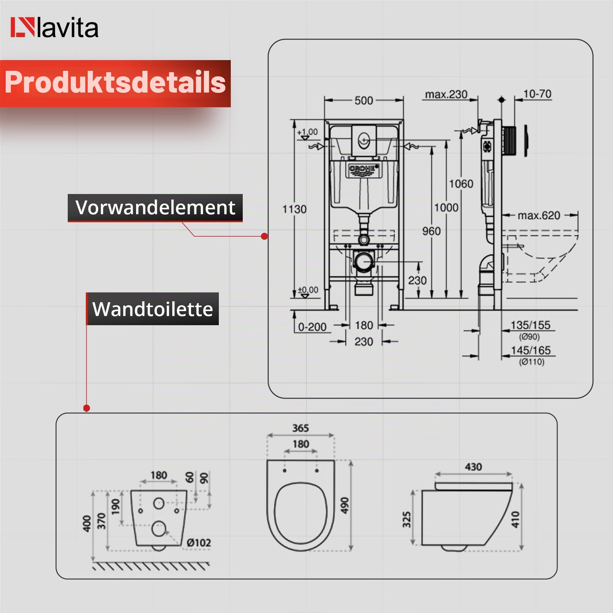 LAVITA Vorwandelement Solido Start + Wand Hänge WC Sogo Weiß Spülrandlos + + WC Sitz mit Absenkautomatik Verchromter Knopf Komplettset Unterputz Spülkasten Toilette Komplett Sett WC