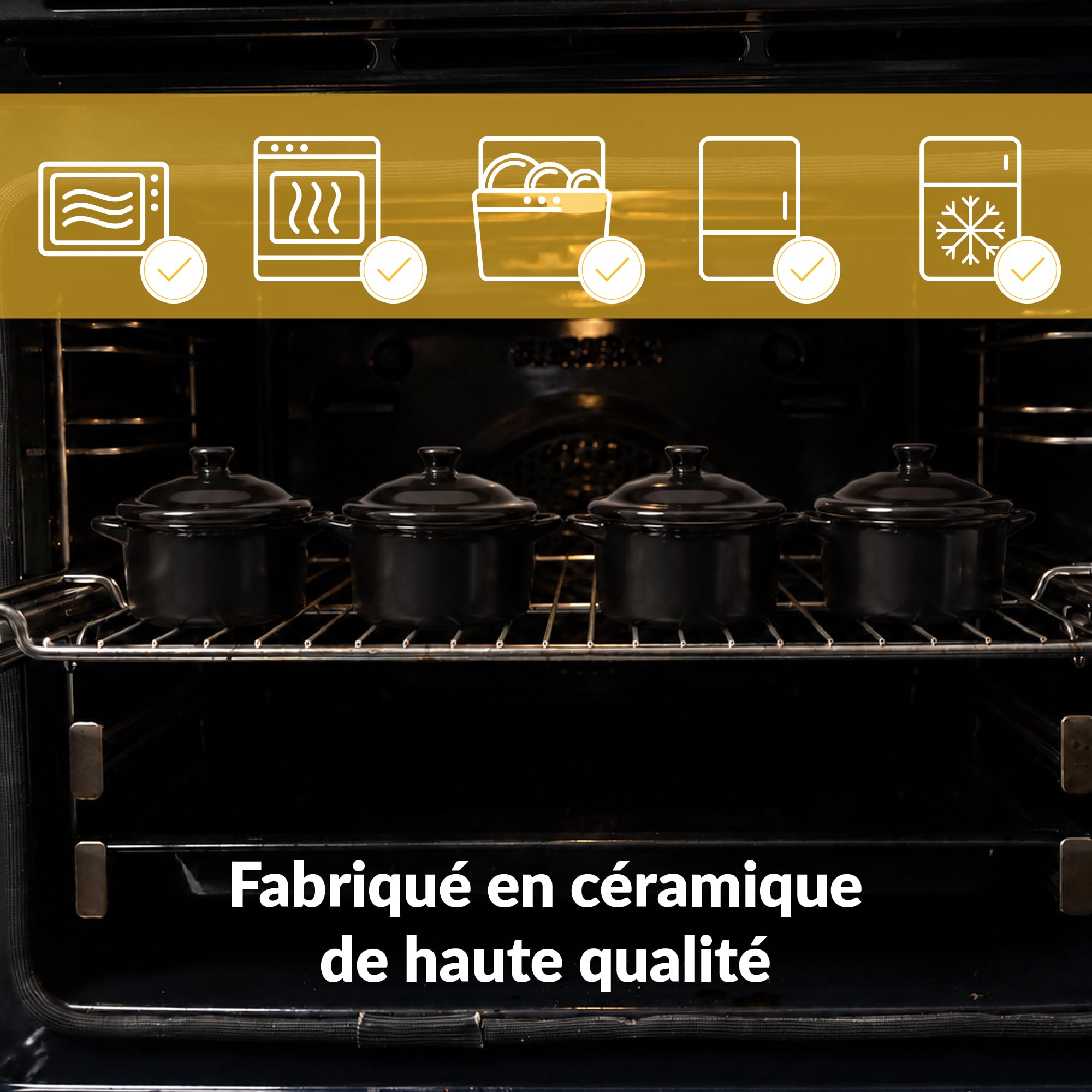 Chefarone 4 Ramequins en Céramique avec Couvercle – Noir – Crème Brûlée