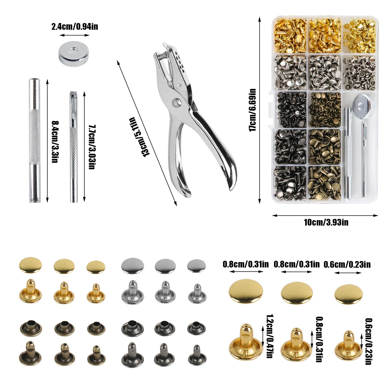 Runyu Set Di 360 Rivetti In Pelle, 4 Colori, Rivetti Cavi, 3 Misure, Borchie In Pelle, Senza Cuciture, Bottoni A Pressione In Metallo, Con Attrezzi Di Fissaggio, Rivet Per Portafoglio In Pelle - Foto 10