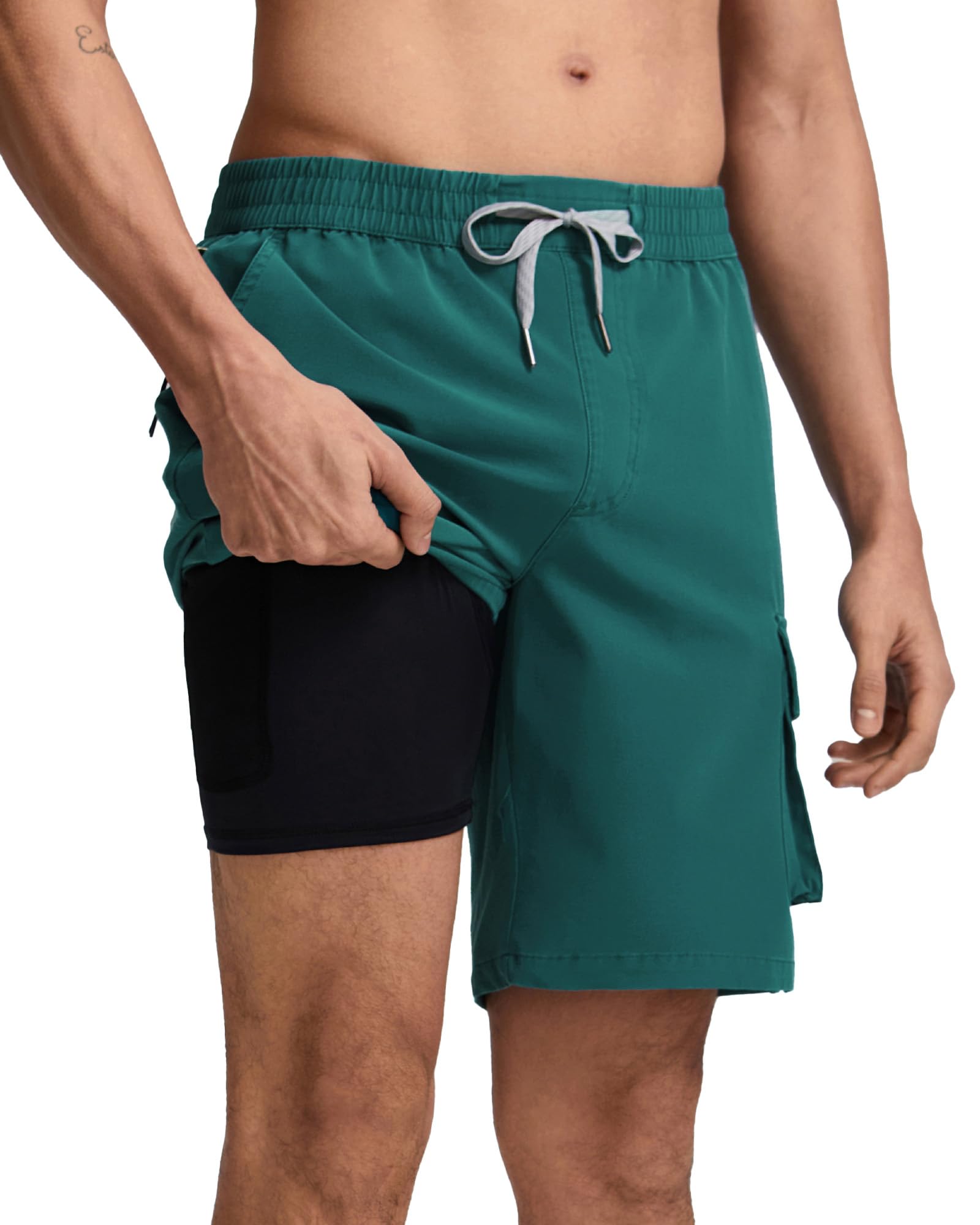 MaaMgic Mens Swim Trunks 9 inch Compression Liner 2 in 1 Cargo Shorts Quick Dry Bathing Suit with Pockets
