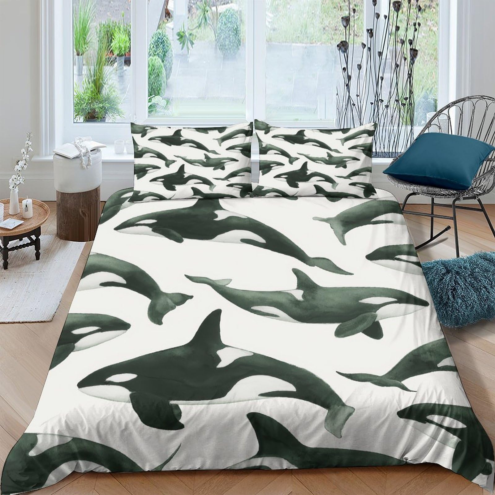 GPLZQXKJNH 3D Printed Shark Ocean Duvet Cover Microfiber Soft Breathable Whale Bedding Set with 2 Pillowcases for Bedroom Decor Single（135x200cm）