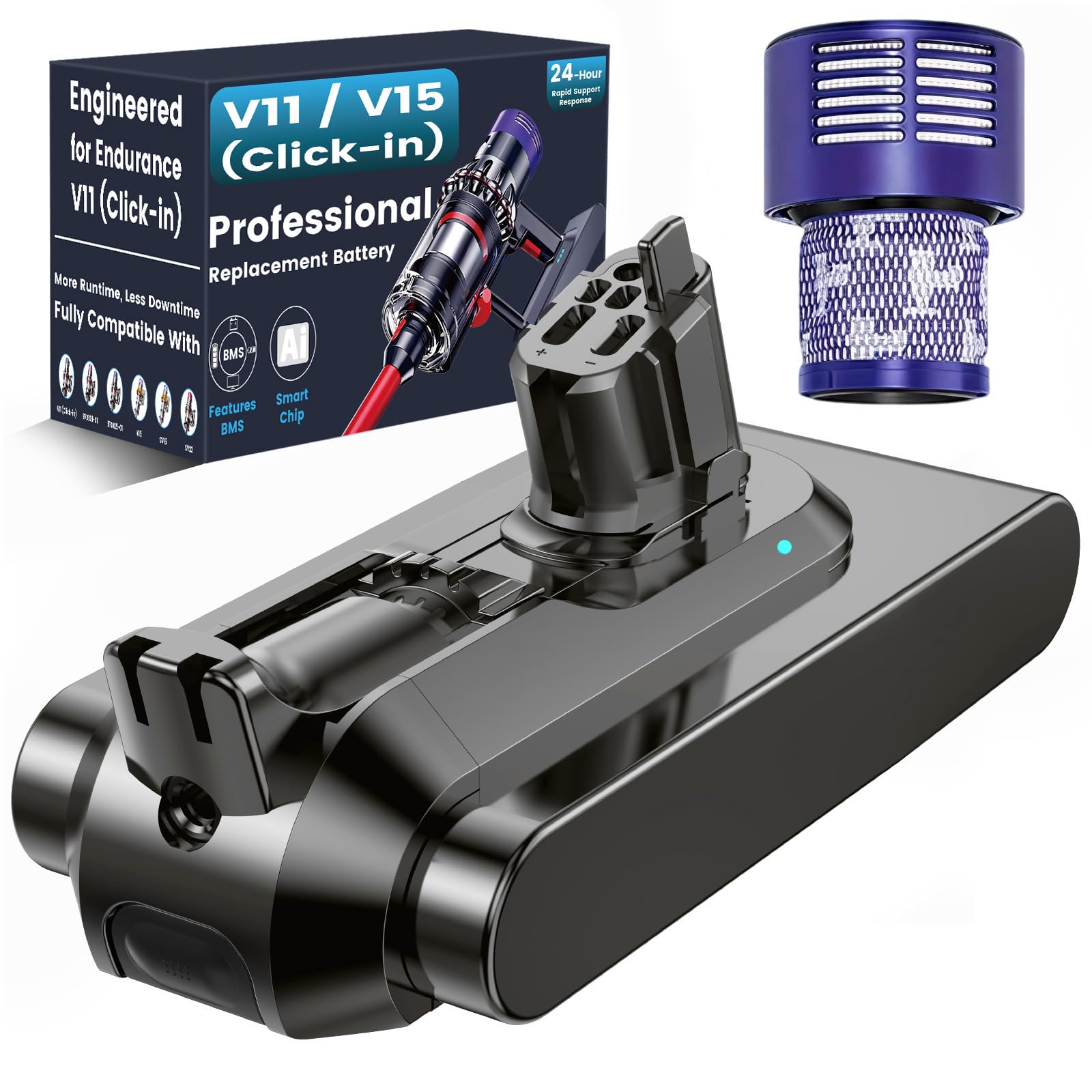 Batterie de Remplacement de Compatible avec Dyson V11 à Clipser, Ecovoltix Batterie pour V11, V15, SV15, SV16, SV22 et SV28 Aspirateurs (ne Convient Pas au modèle à Visser) avec Filtre