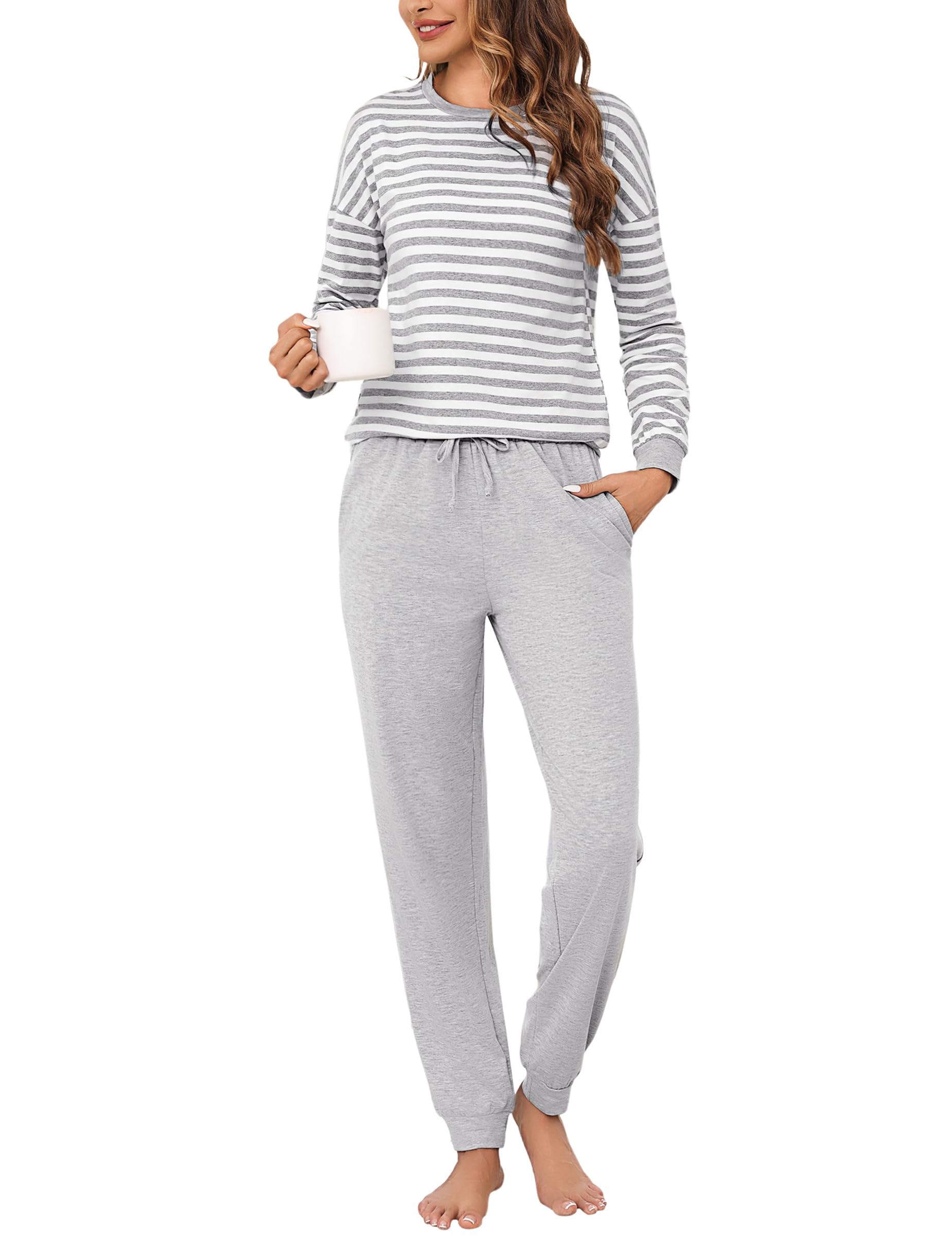 Bresdk Schlafanzug Damen Lang Pyjama Baumwolle Nachtwäsche Winter Schlafanzüge mit Bündchen