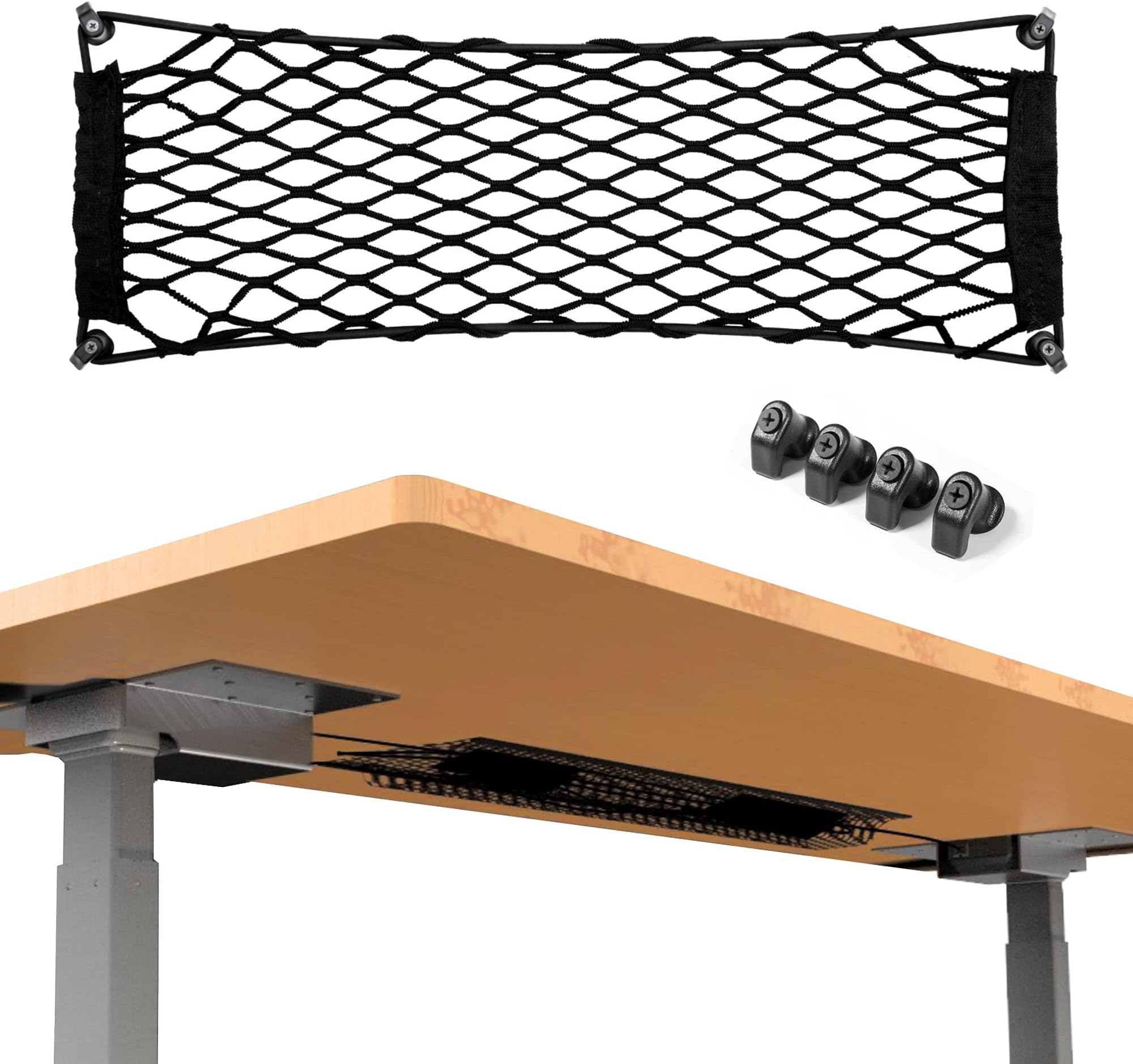 GRAND STANDS Stretch Net Cable Manager | Lightweight Cable Organizer Stretches 24” Long to 8” Wide | Accommodates Power Strips | Includes 4 Mounting Hooks w/Built-in Screws | Installs in Minutes