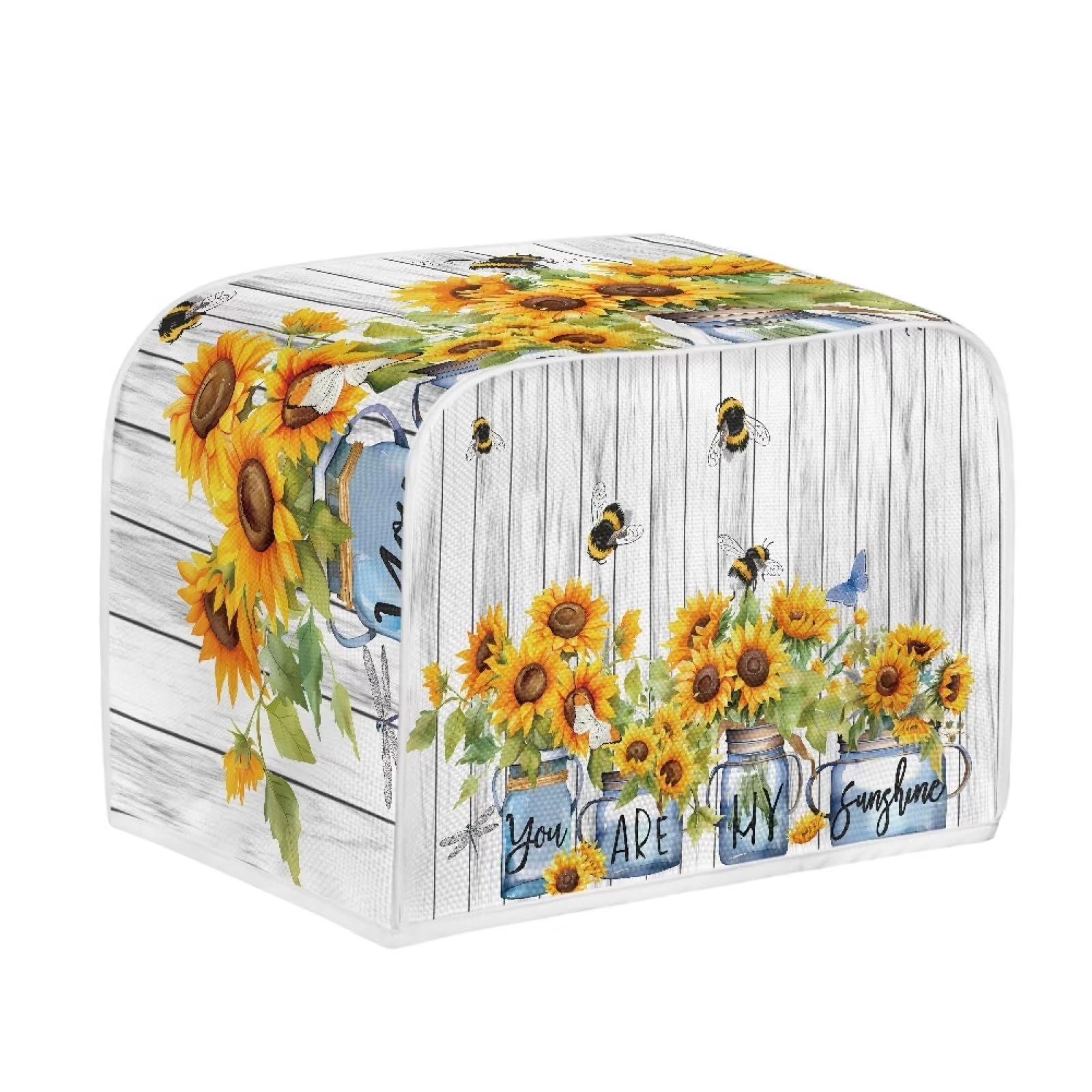 JSLXYYBQ Sunflower Toaster Cover for 4 Slice, Small Kitchen Appliance, Summer Flower Bee Farmhouse Wooden Striped Toaster Oven With Loop, Bread Machine Polyester Dust Protection