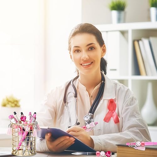 Miniatura 6 de Colarr 60 bolígrafos de cinta rosa para concientización sobre el cáncer de mama, artículos a granel, bolígrafos de plástico con cuentas, bolígrafos
