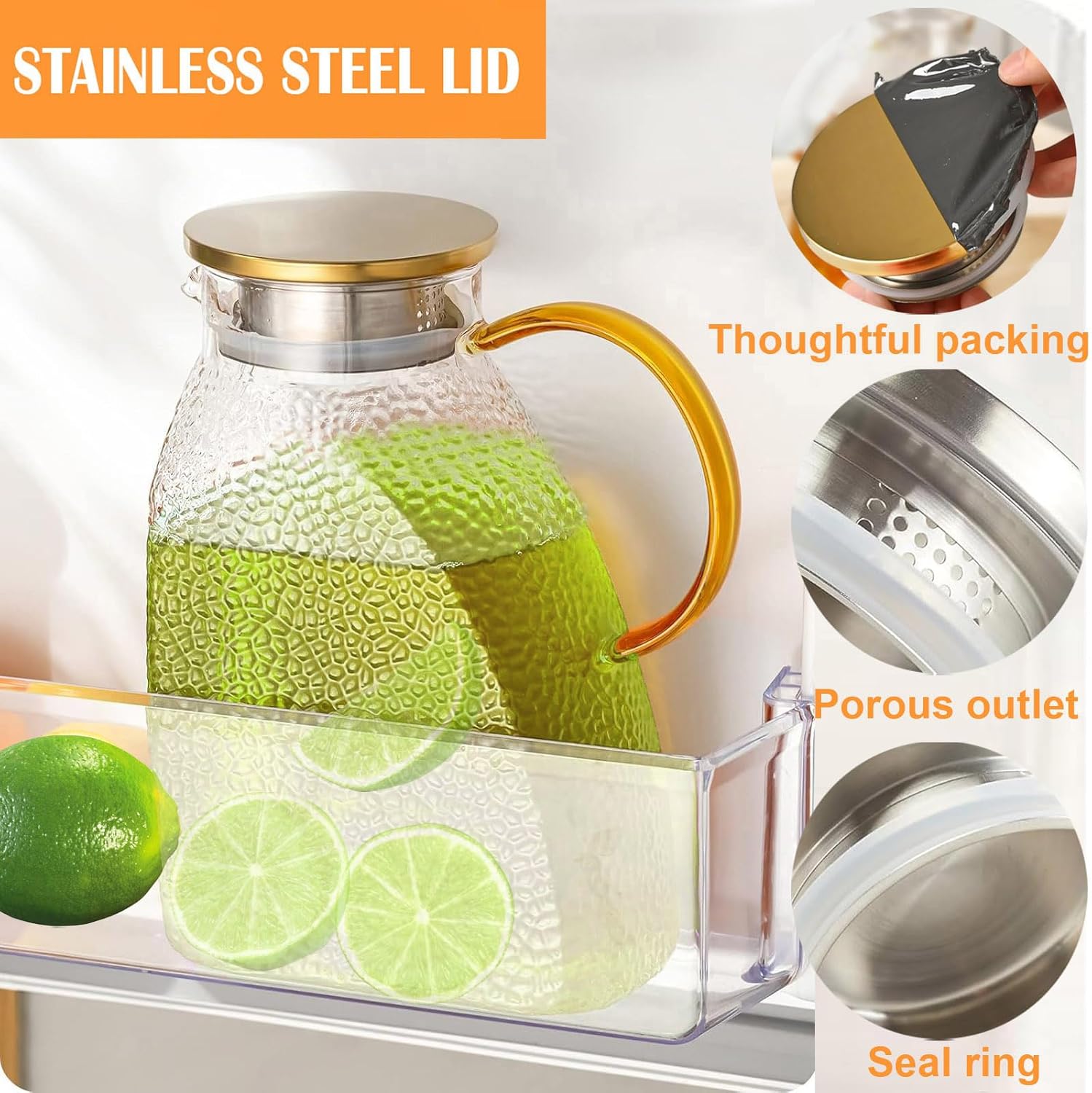 Water Pitcher, Fridge Door Glass Pitcher With Stainless Steel Lid, 1.8 Liter 60 oz High Borosilicate Glass Jug, Leakproof Fridge Door Carafe Jug for Hot/Cold Water Iced Tea Juice Coffee Beverage - Image 6