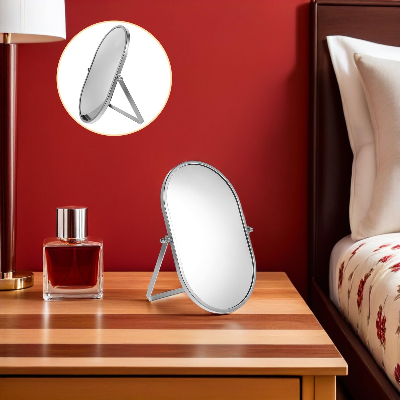 Espejo de Maquillaje Plegable de Escritorio Plateado Grande, Espejo Portátil para Tocador y Dormitorio Base Estable y Ángulo Ajustable, Adecuado para Viaje y Cuidado Personal