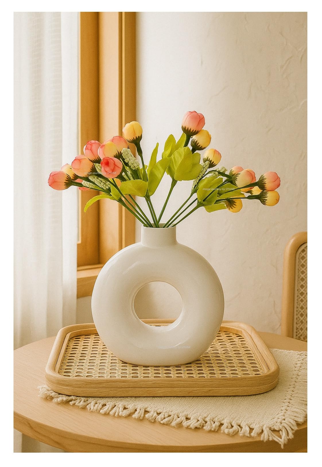 SPHINX Ceramic Vase with Artificial Flowers| Flower Vase Pot for Home Decor, Living Room, Dining Table & Office|Modern Boho Minimalist Centerpiece for Decoration, Gifting (Donut with 2 Small Peonies)
