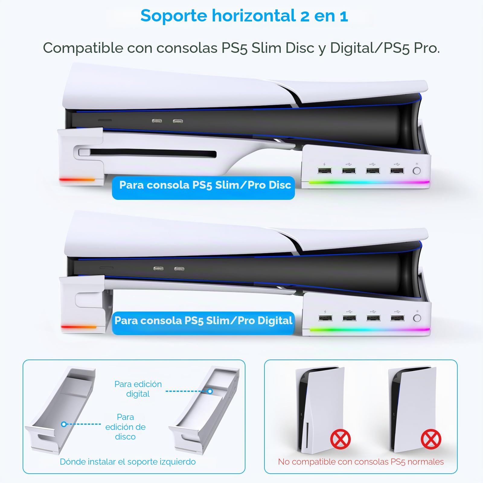 FYOUNG - Soporte de seguridad horizontal para PS5 Pro / PS5 Slim edición digital y disco con 14 luces RGB, accesorios de base de soporte antideslizante con 4 puertos USB - Blanco
