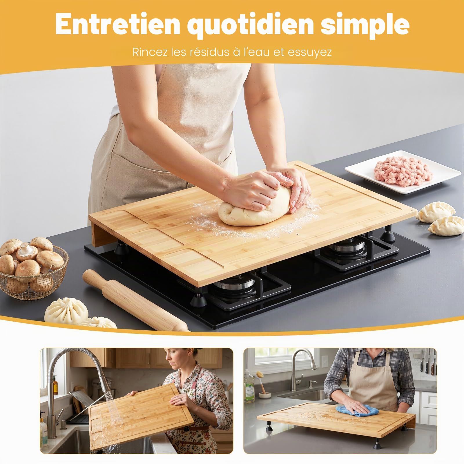 Cache-plaques de cuisson en bambou, multifonction, pour cuisinière ou évier, 75 x 54 cm
