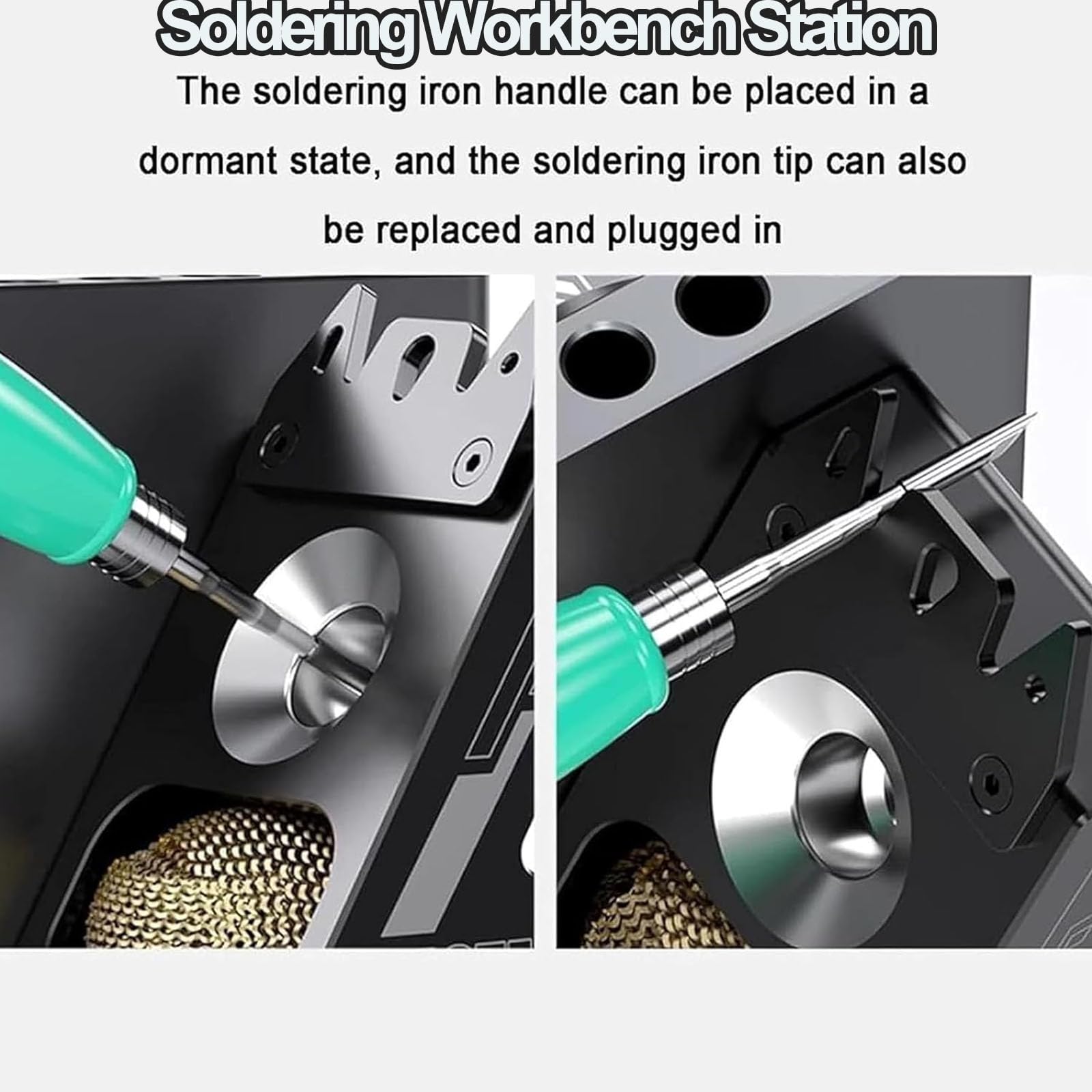 Station de soudure – Support de fer à souder en alliage d'aluminium avec 6 fentes de rangement pour pointe, support de bobine de fil à souder, laine de laiton et nettoyeur d'éponge pour réparation
