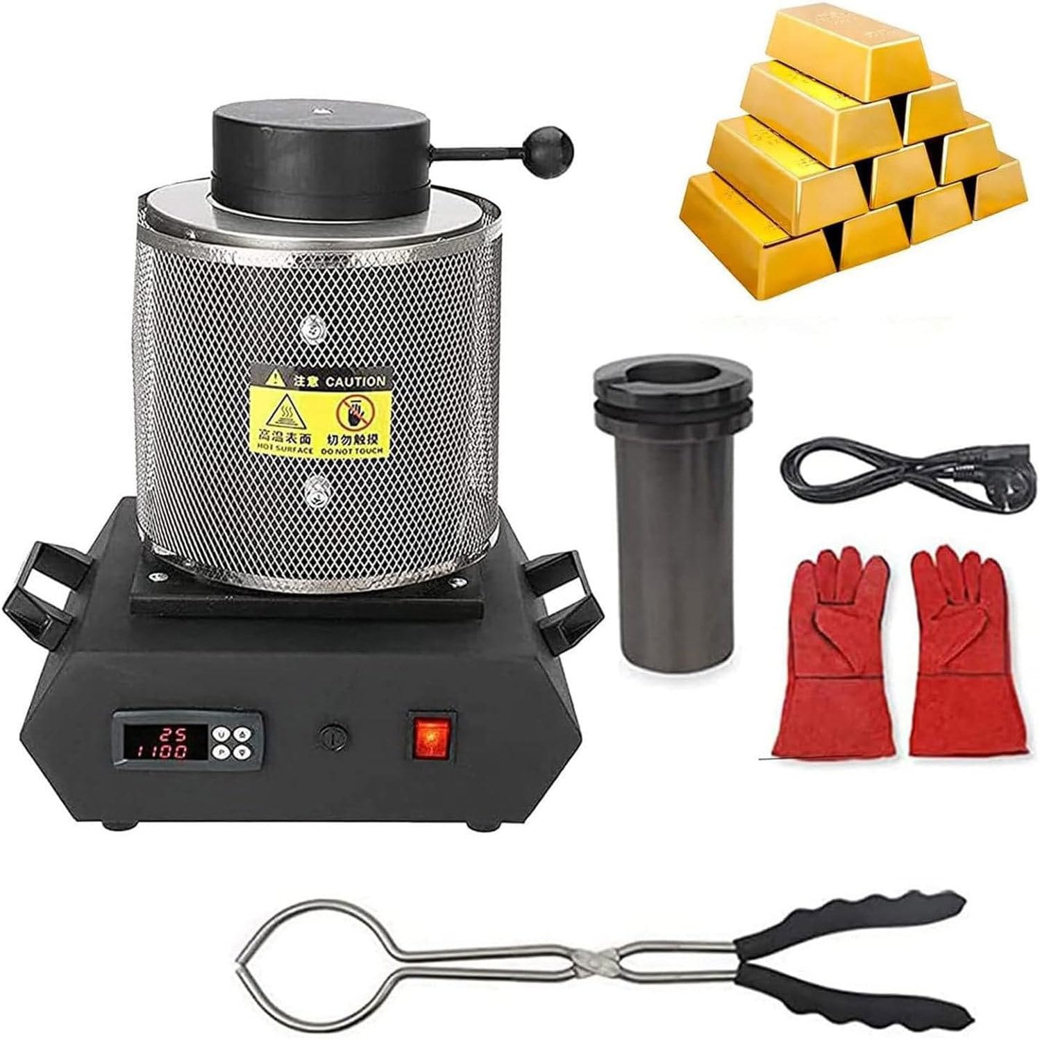 1kg 2kg 3kg Automatyczny Piec Do Topienia Cyfrowy 1400 W 2100 F Elektryczny Piec Do Topienia Z Tyglem Grafitowym, Szczypce Do Topienia Obróbki Złota, Czystego Srebra, Czystej Miedzi,Black-3KG