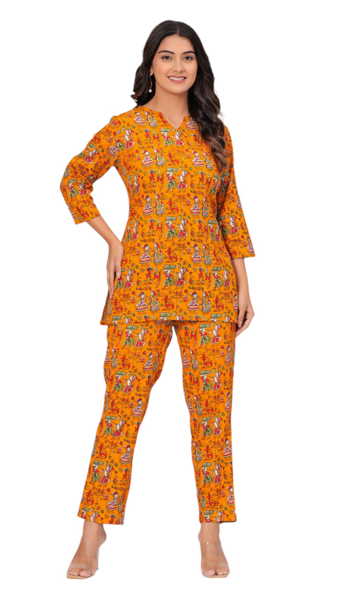 Jikonet Women Cotton Printed Co-Ord Set Kurta Set With Pant Set (Yellow, Xx-Large)
