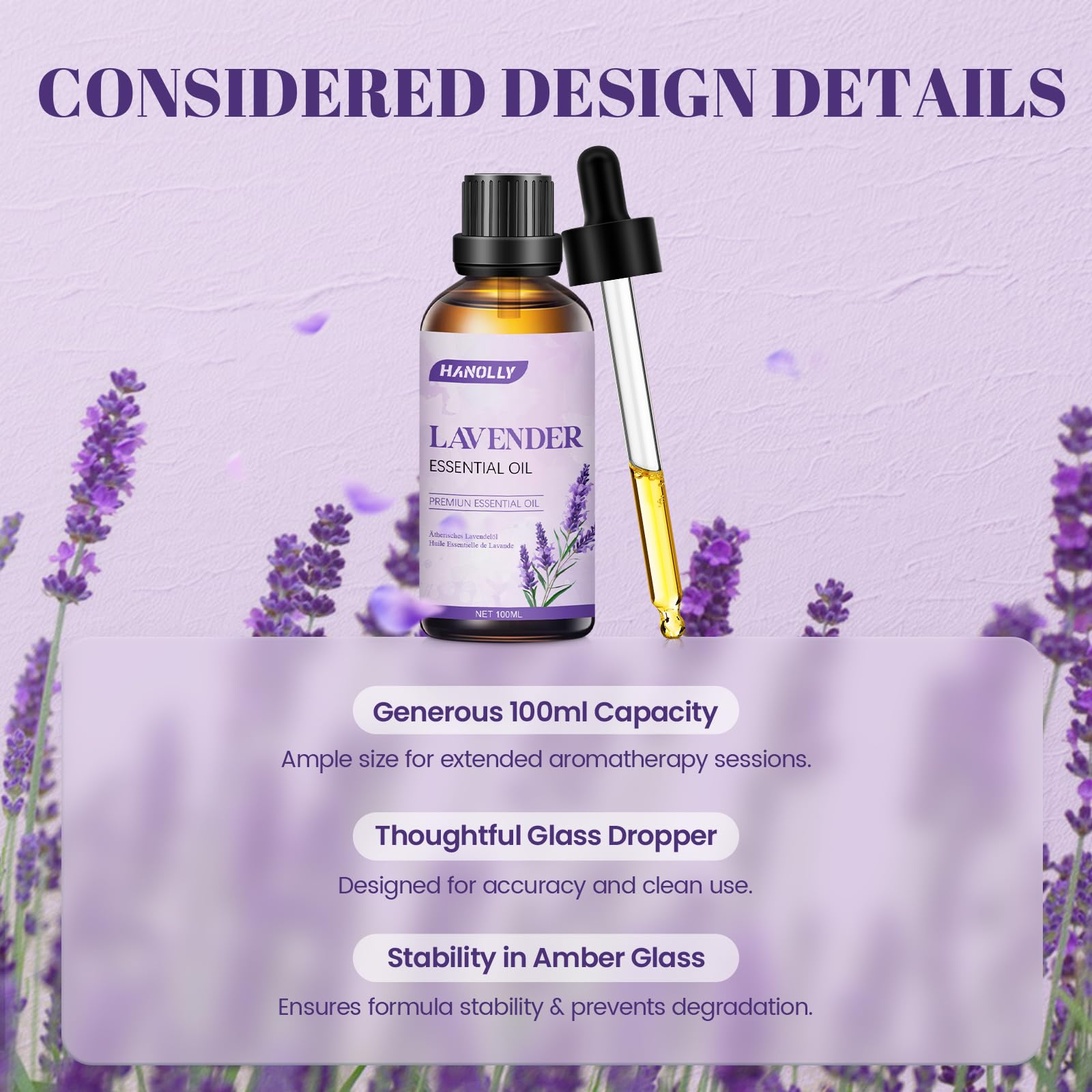HANOLLY Olio Essenziale Lavanda 100ml, Oli Essenziali per Diffusori Naturali, Profumati di Aromaterapia olio per Massaggio Corpo, Candele Fai da Te, Diffusore, SPA, Bagno, Regalo donna compleanno DIY