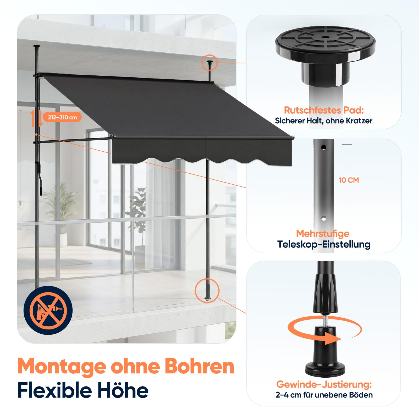 Sekey Klemmmarkise 300 cm breit, Markise Balkon ohne Bohren mit Handkurbel, 130 cm Ausfall, 0-90° neigbar, UV-beständiger Sonnenschutz & wasserdicht (280g/m²), für Balkon, Terrasse & Garten, Anthrazit