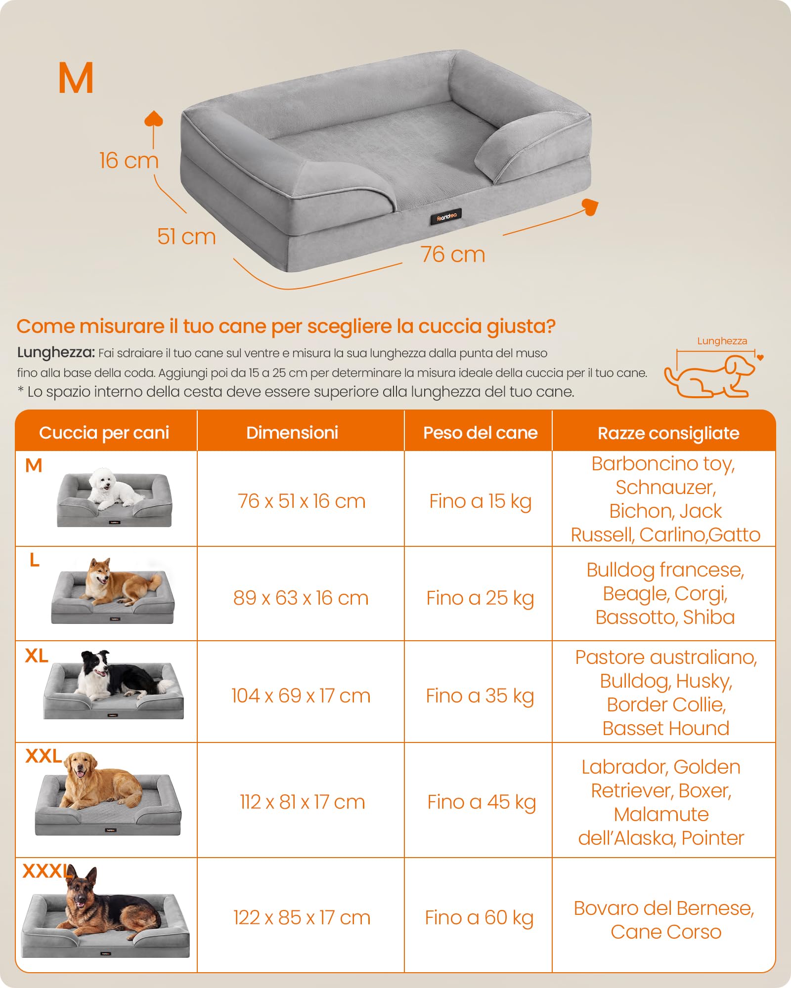 Feandrea Cuccia Ortopedica per Cani, Letto per Cani M, Bordo Rialzato, Gommapiuma Ondulata, Sfoderabile, Lavabile, Antiscivolo, Rivestimento Impermeabile, Grigio Tortora, 76 x 51 x 16 cm PGW321GD01