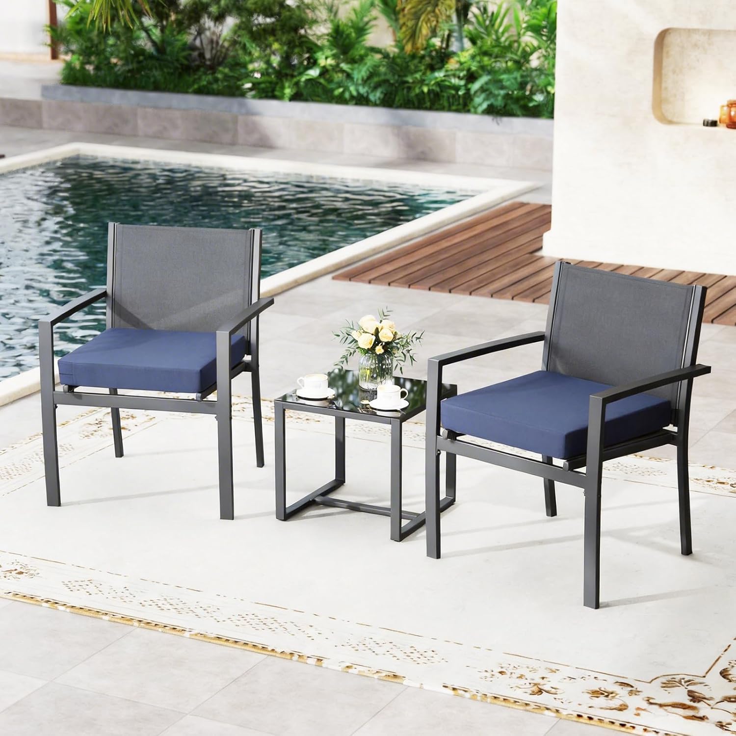 GUHER Outdoor Chair Cushions Set of 6,Waterproof Patio Cushions for Outdoor Furniture with Ties,Memory Foam Outdoor Seat Cushion,18.5"x16"x3",Navy Blue